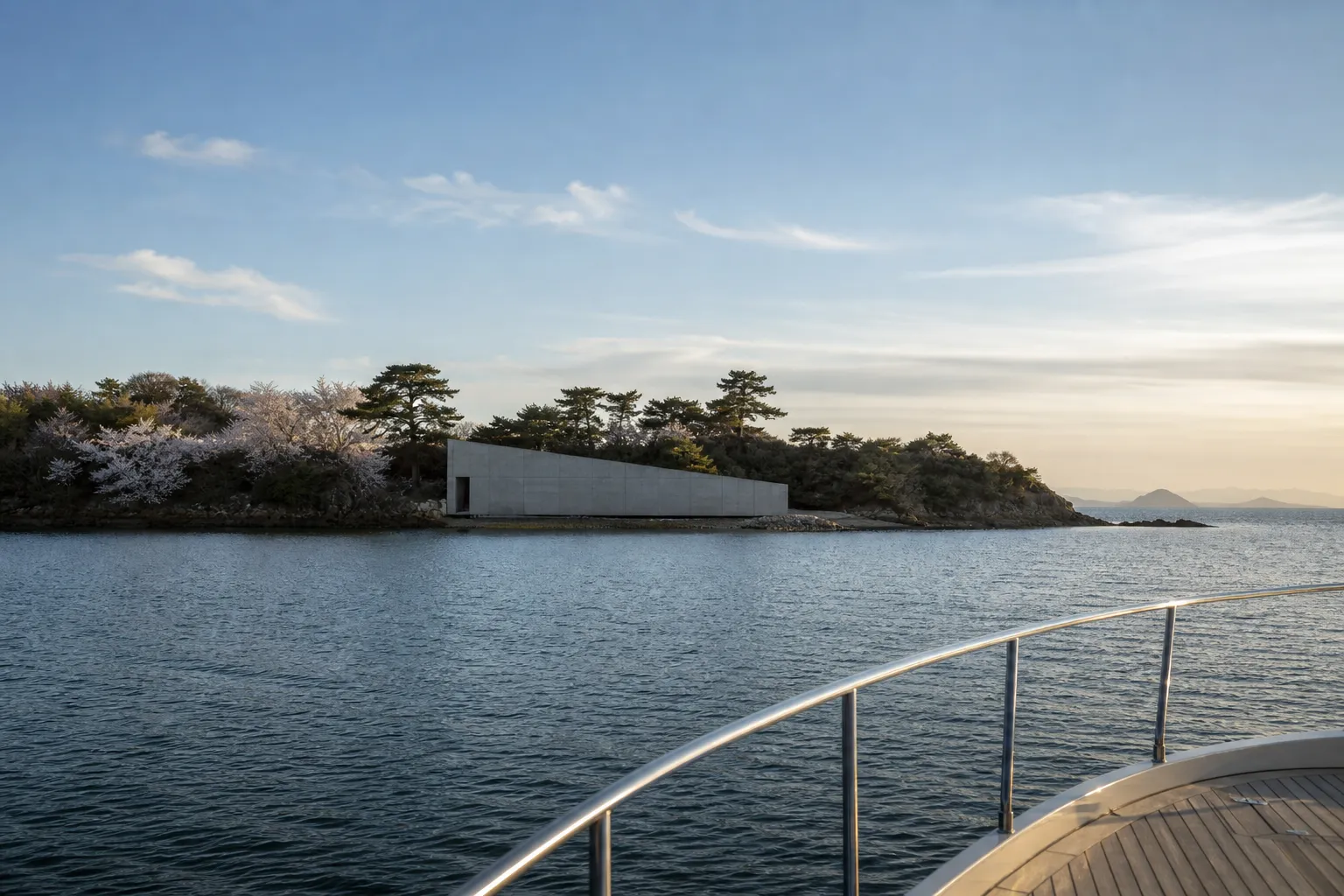 Minimalist concrete gallery architecture on Naoshima surrounded by pines and sea