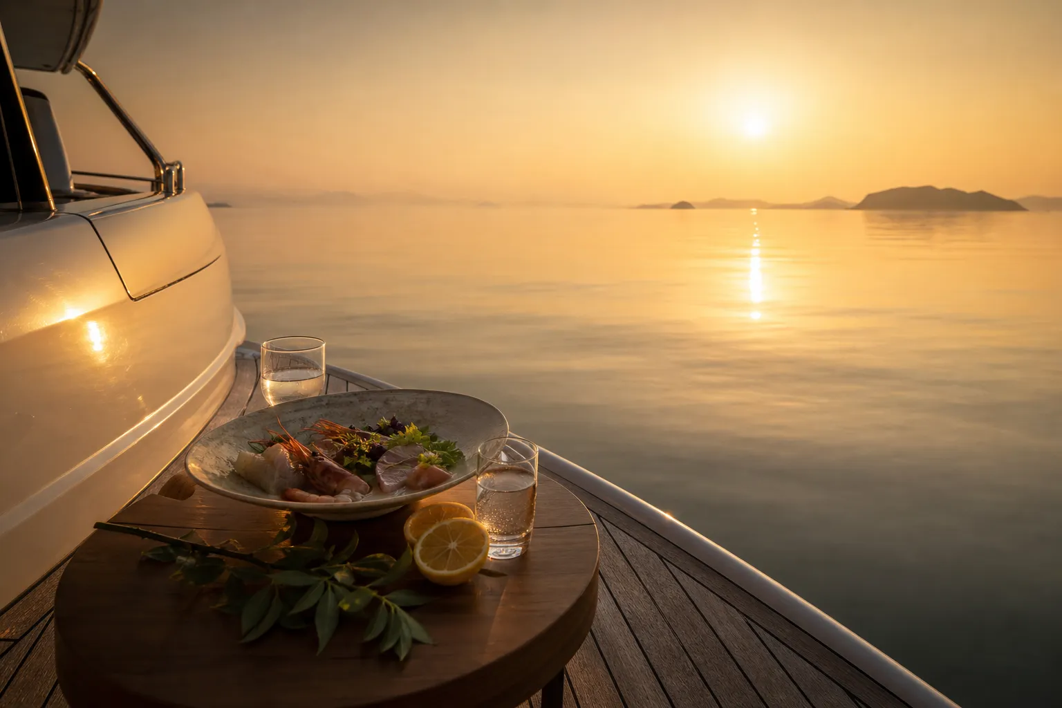 Private yacht deck set for lunch with Setouchi seafood at golden hour on calm water