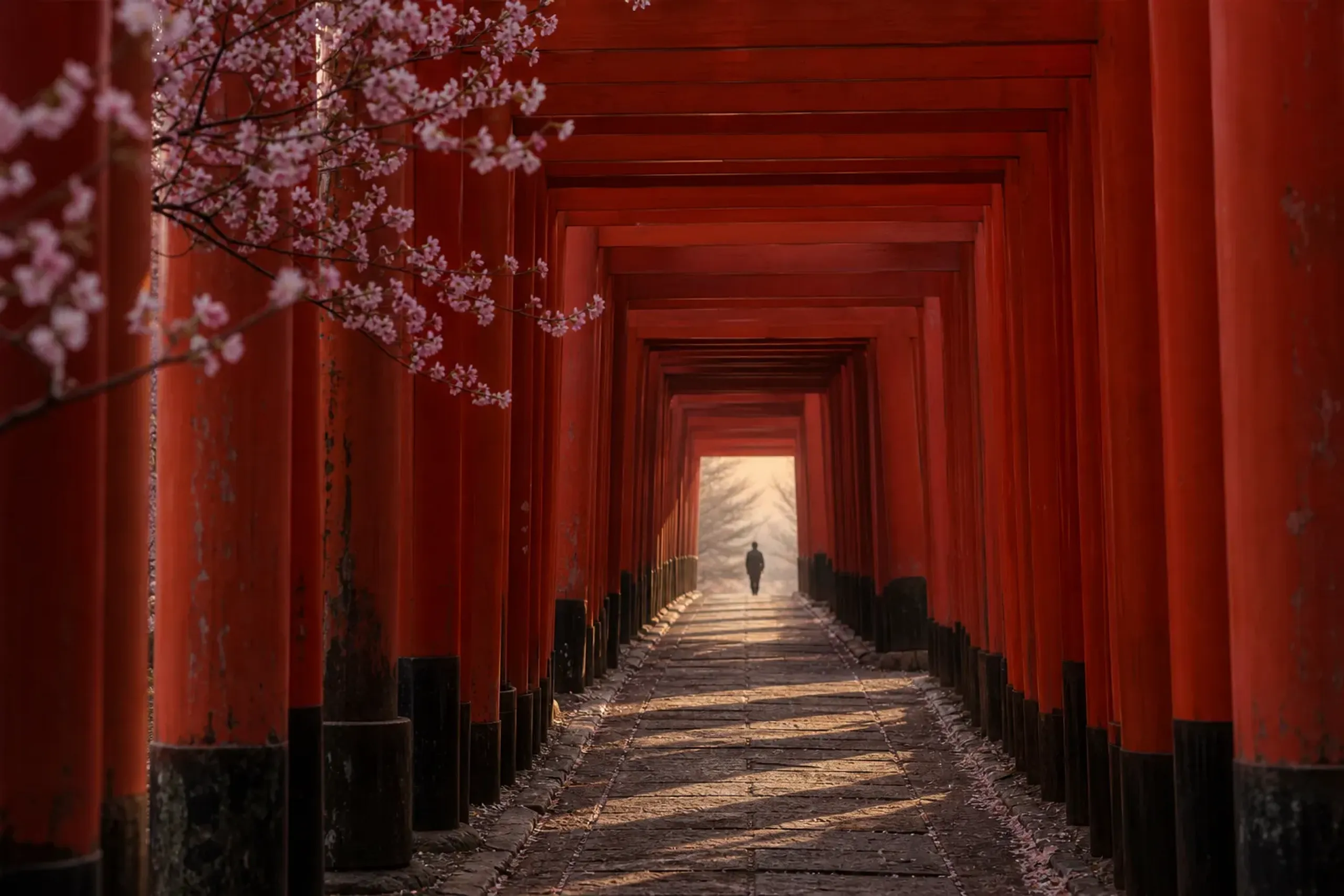 Quiet dawn scene under torii gates at Fushimi Inari Taisha