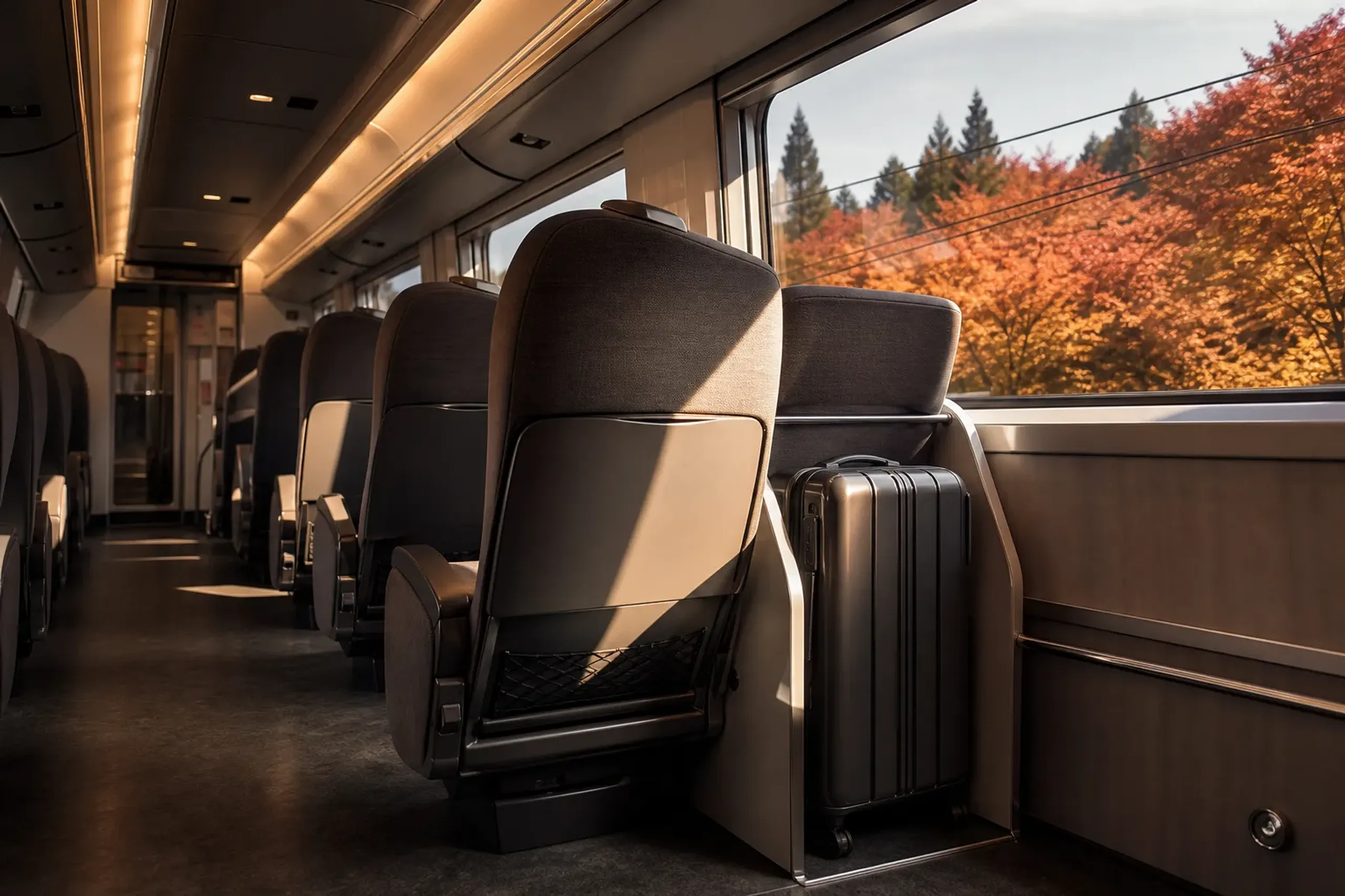 Shinkansen seat row showing designated oversized baggage storage area with a suitcase