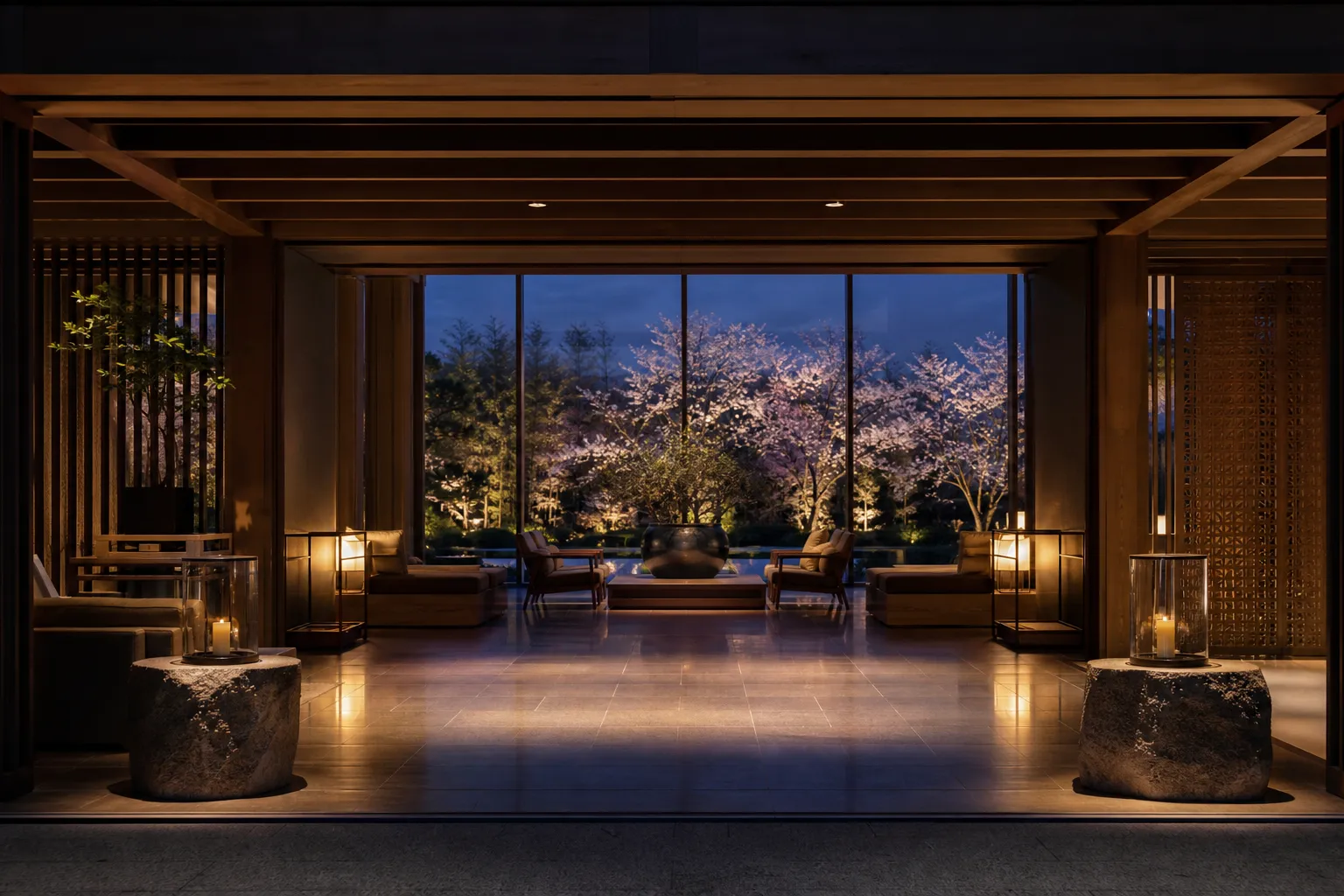 Minimalist luxury hotel lobby in Kyoto with garden view and natural materials