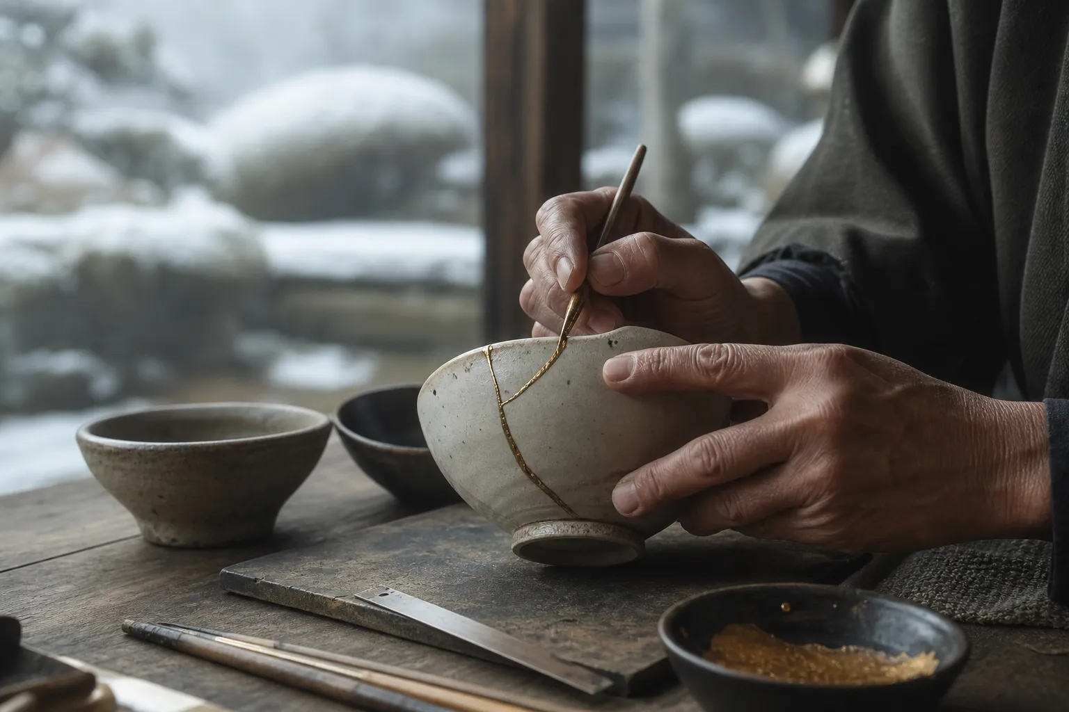Artisan hands repairing ceramic bowl with gold lacquer using kintsugi in Kyoto