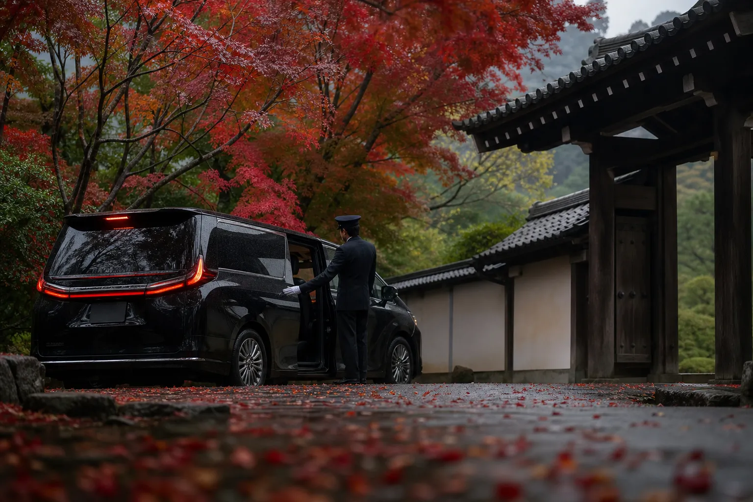 Luxury chauffeured vehicle and driver at a quiet Kyoto temple street in evening light