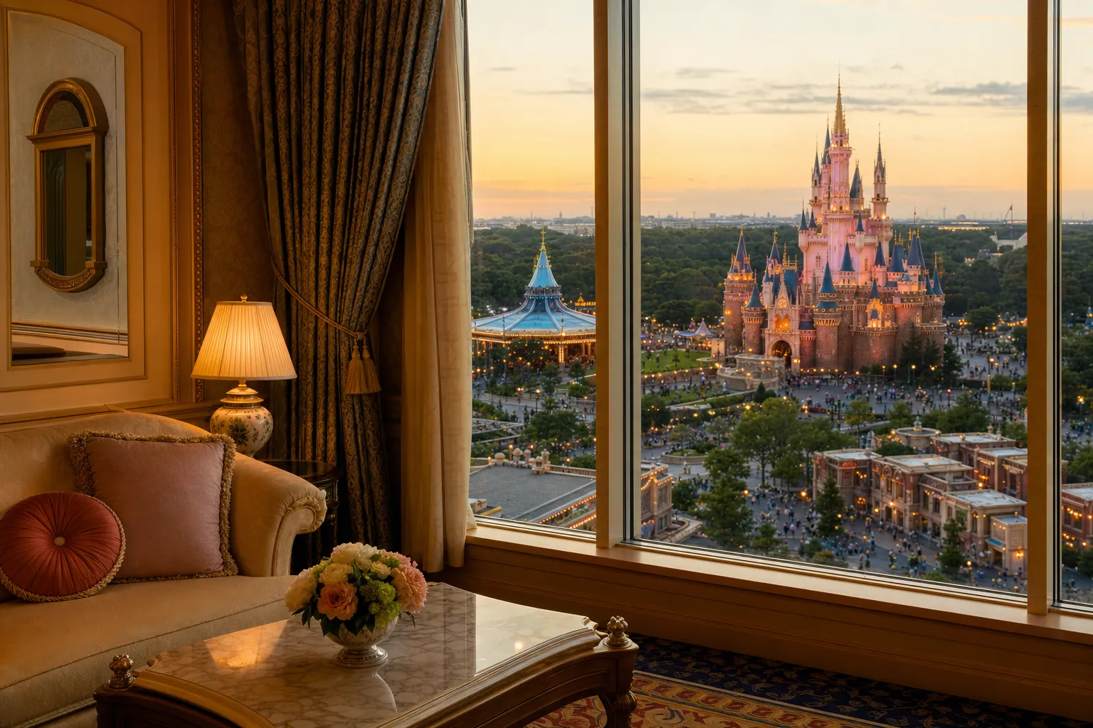 A brightly lit, luxurious hotel suite living area with a large window overlooking a scenic theme park view.