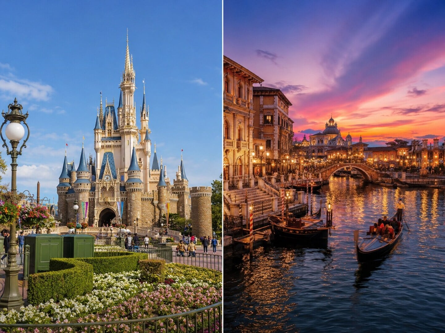 A side-by-side visual comparison showing the classic Cinderella Castle at Disneyland and the elegant canals of DisneySea.