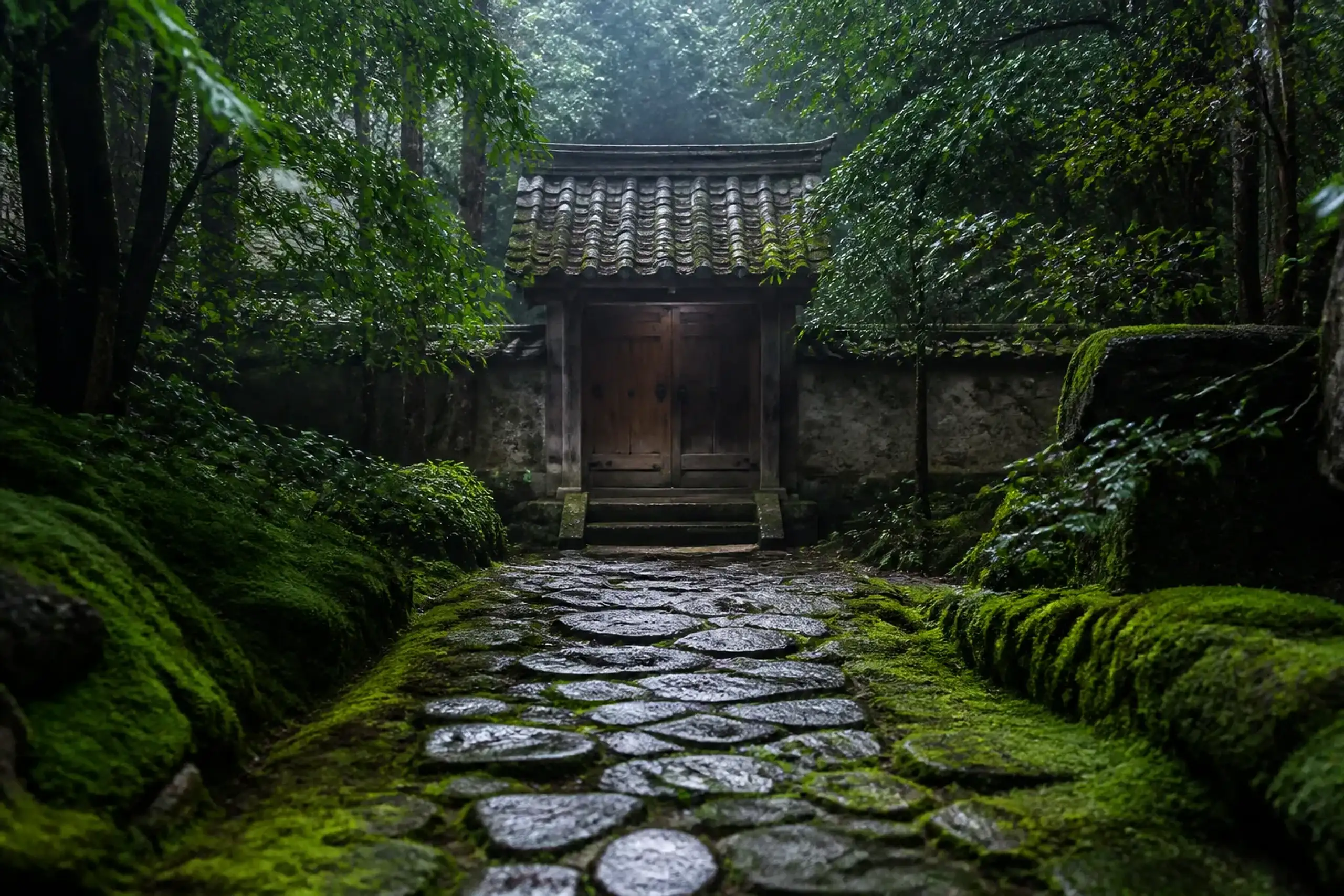 Empty Kyoto temple stone path with moss and a wooden gate in early morning light