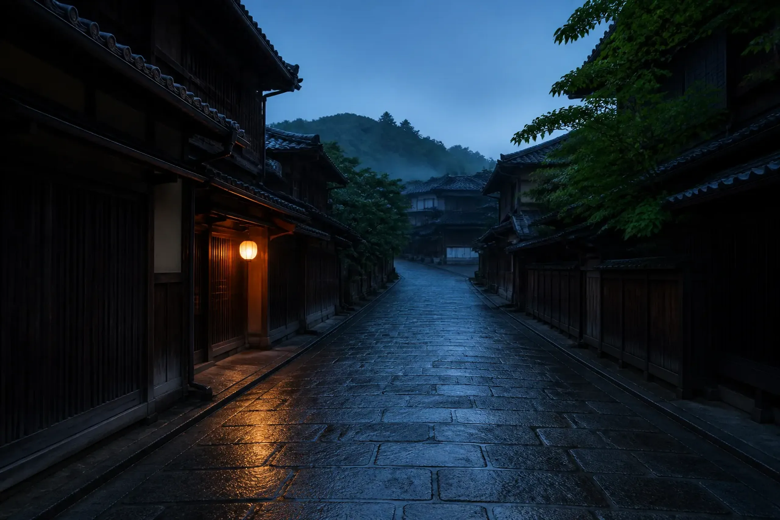 Early morning street in Kyoto Higashiyama with lantern light and wet stone pavement, showing a quiet, low-crowd moment