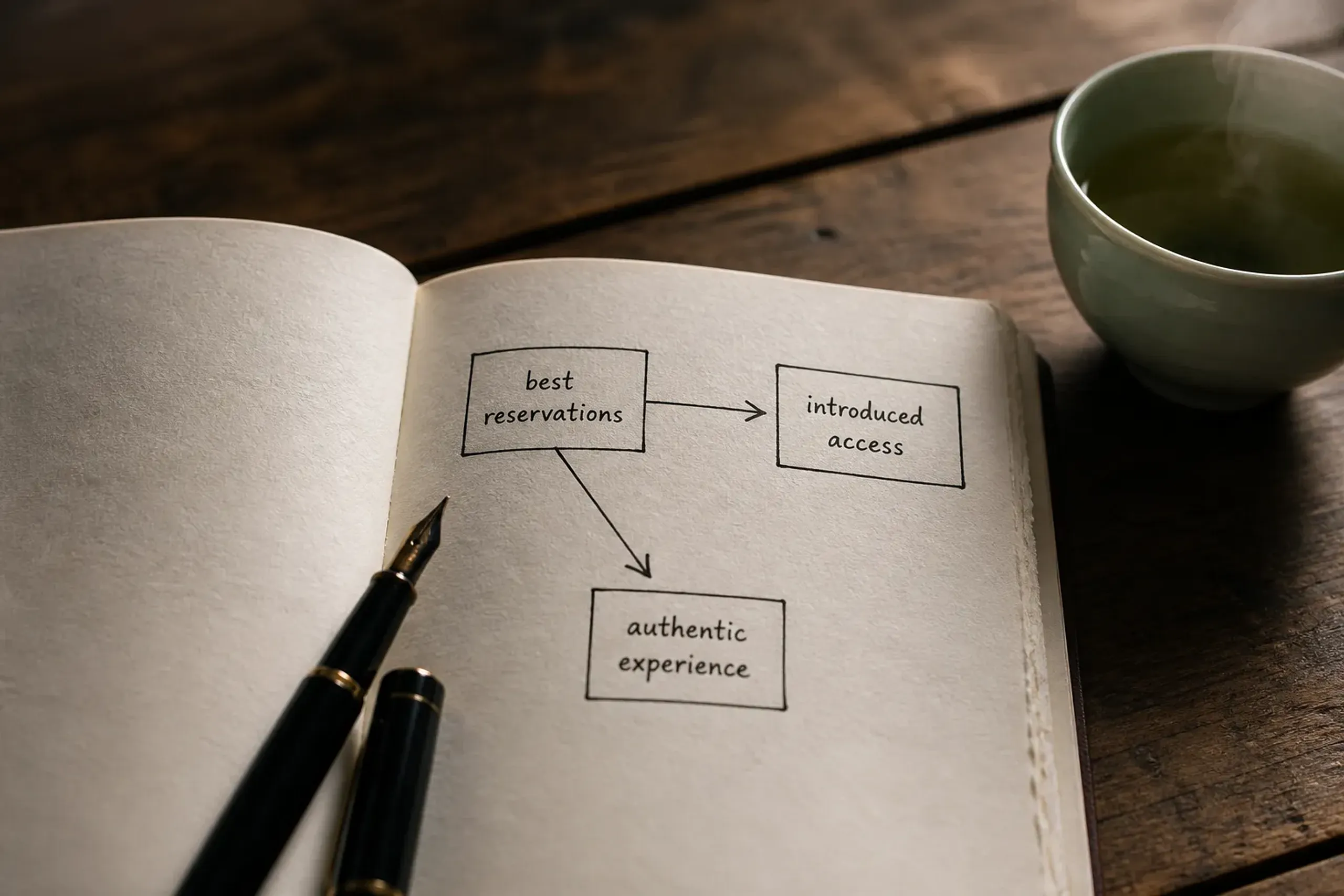 Notebook and pen on a wooden table with a simple decision diagram, representing a clear comparison between reservations and introduced access