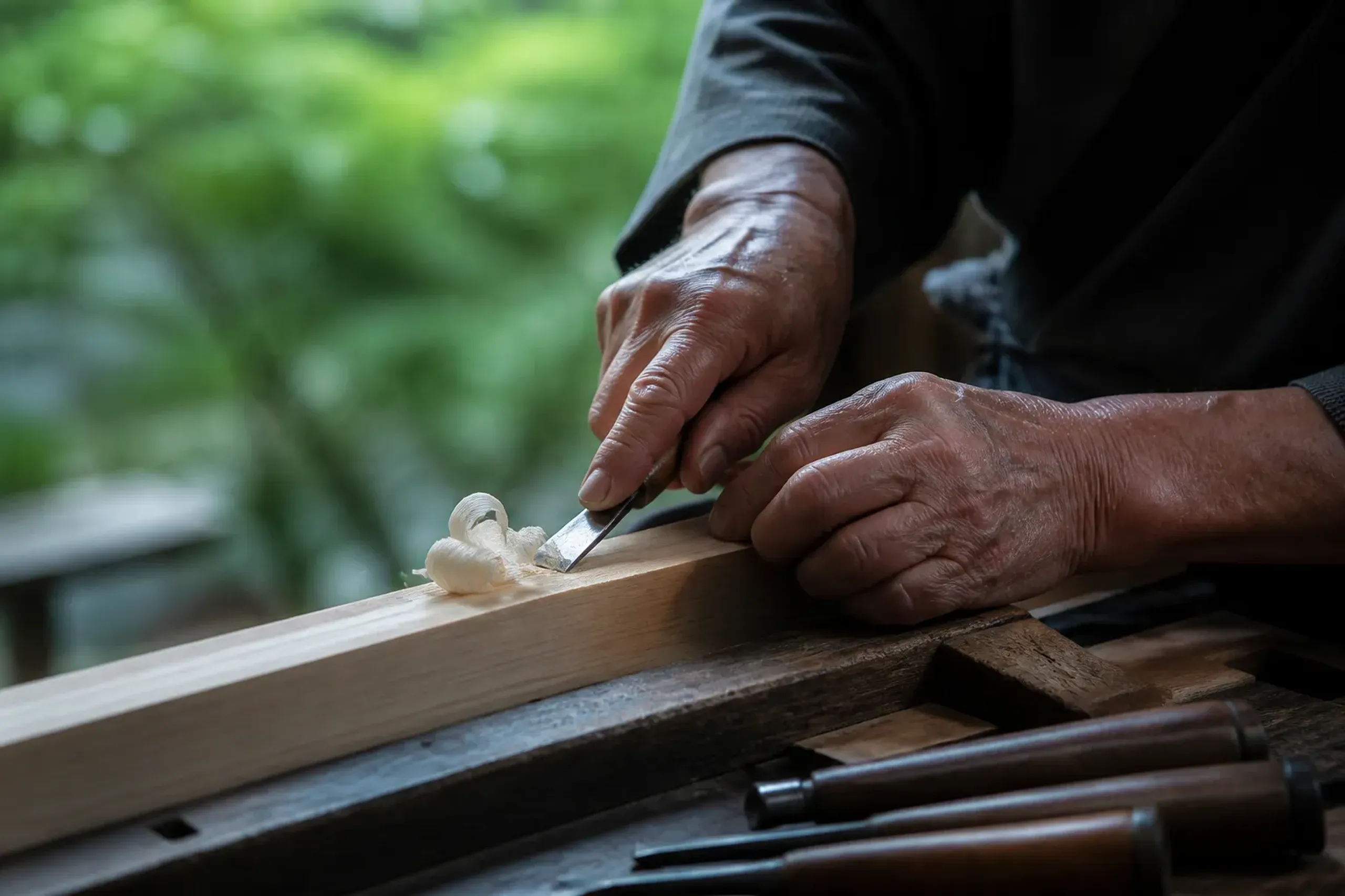 Craftsman hands working with tools on a wooden workbench in a Japanese atelier, representing shokunin-level craftsmanship