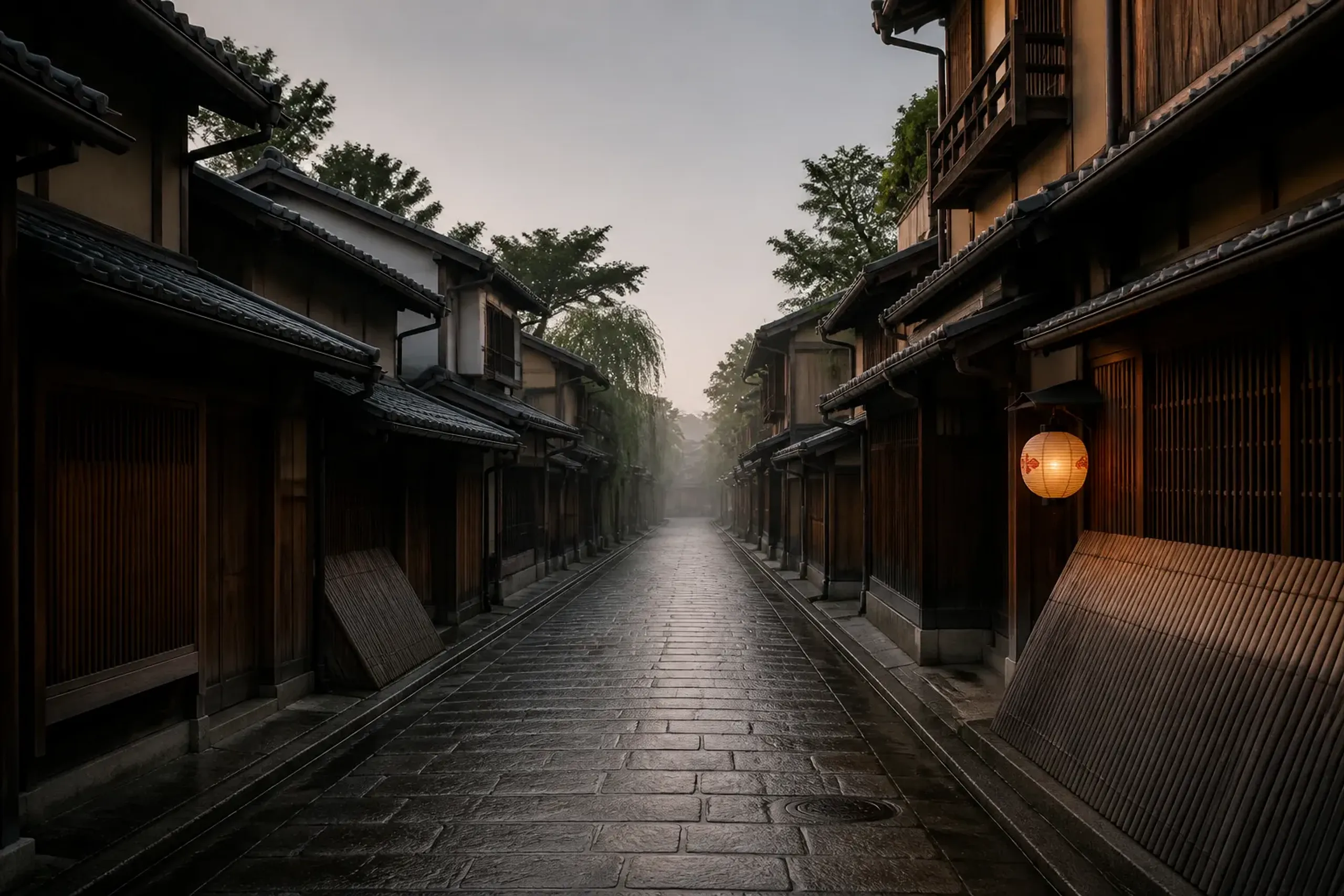 a narrow Kyoto lane in the Gion district at a calm early-morning hour, its traditional wooden machiya townhouses and stone paving empty of crowds