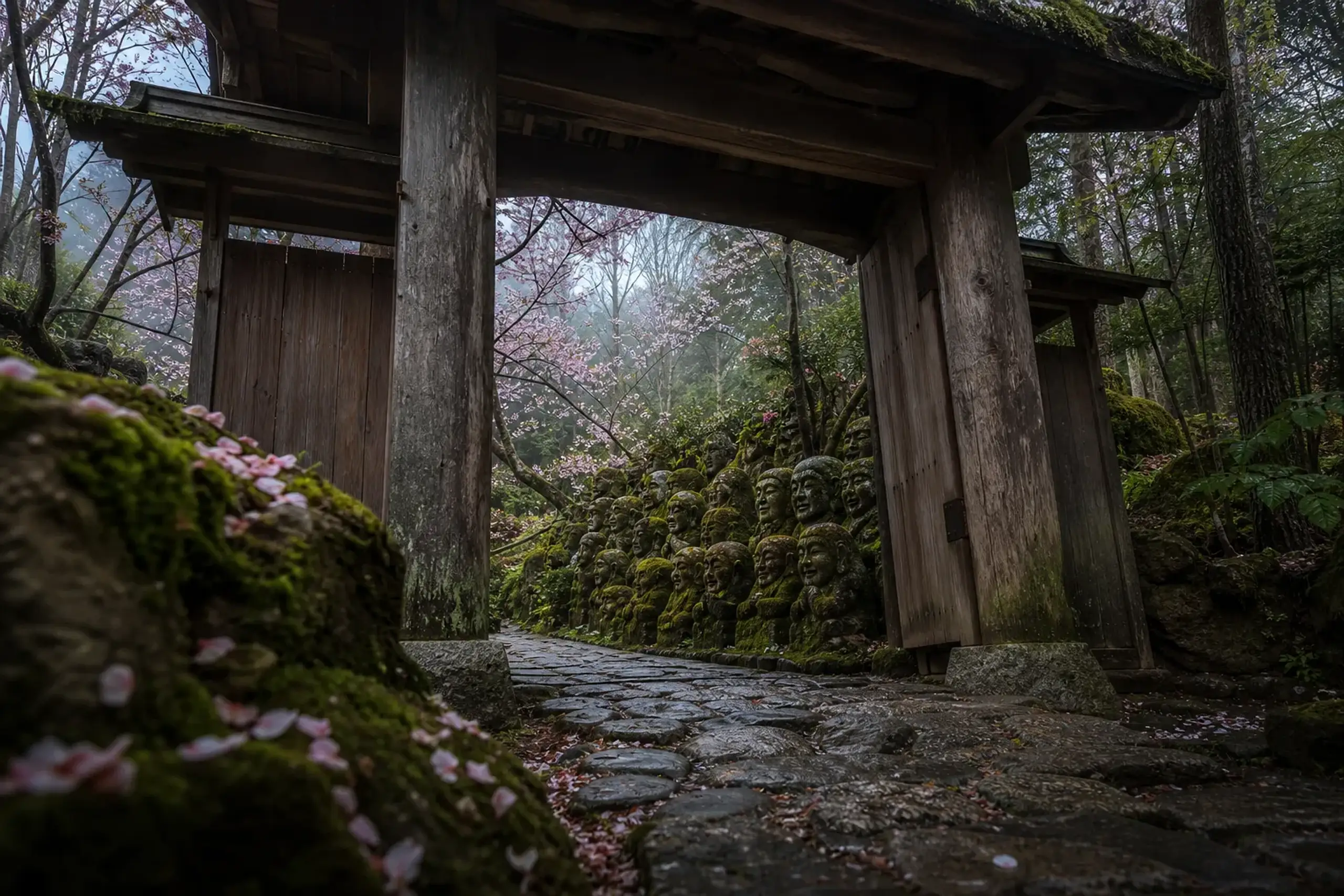 A wooden gate and narrow path leading into a quiet garden area in Kyoto