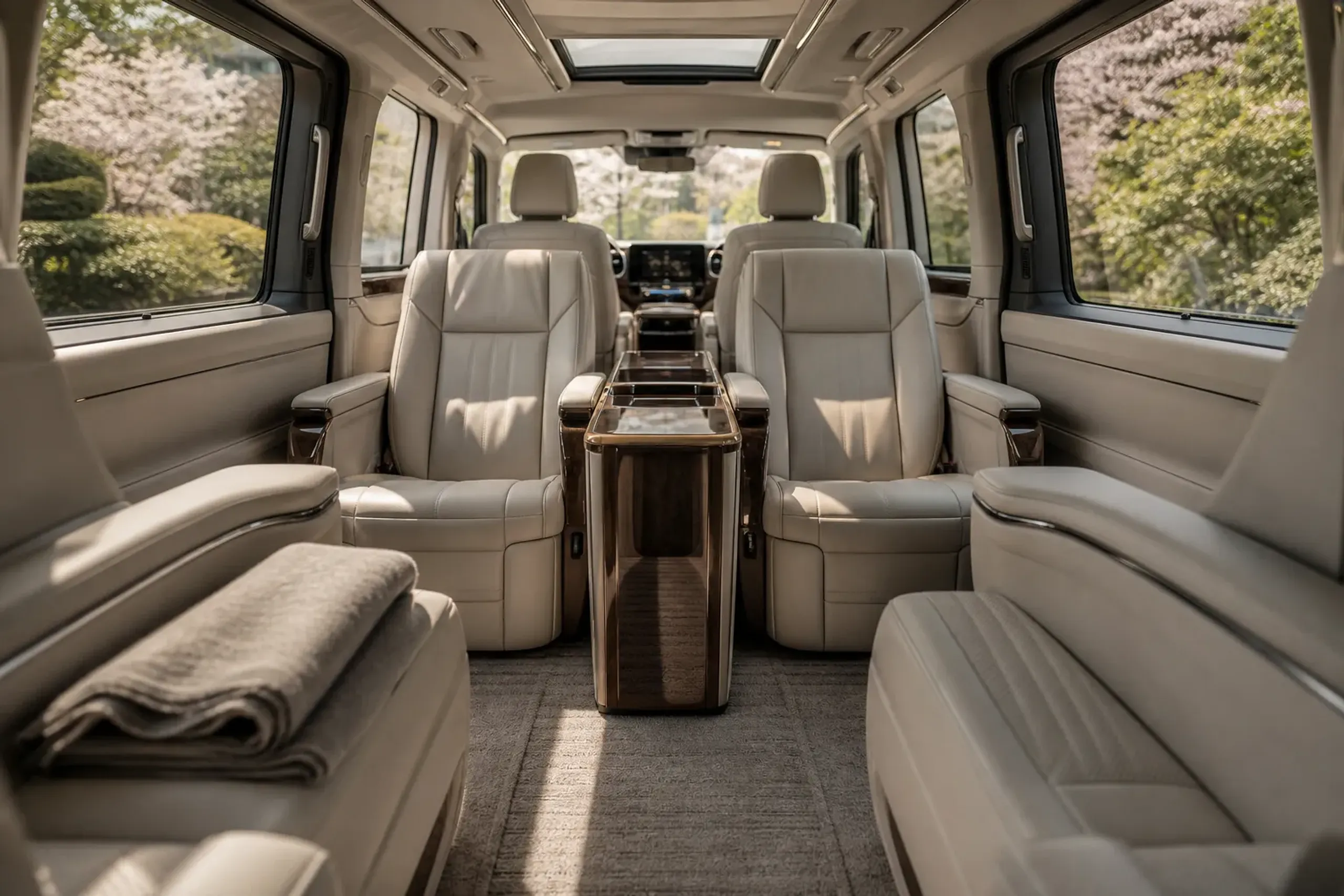 Executive van interior with spacious seating designed for private travel in Japan