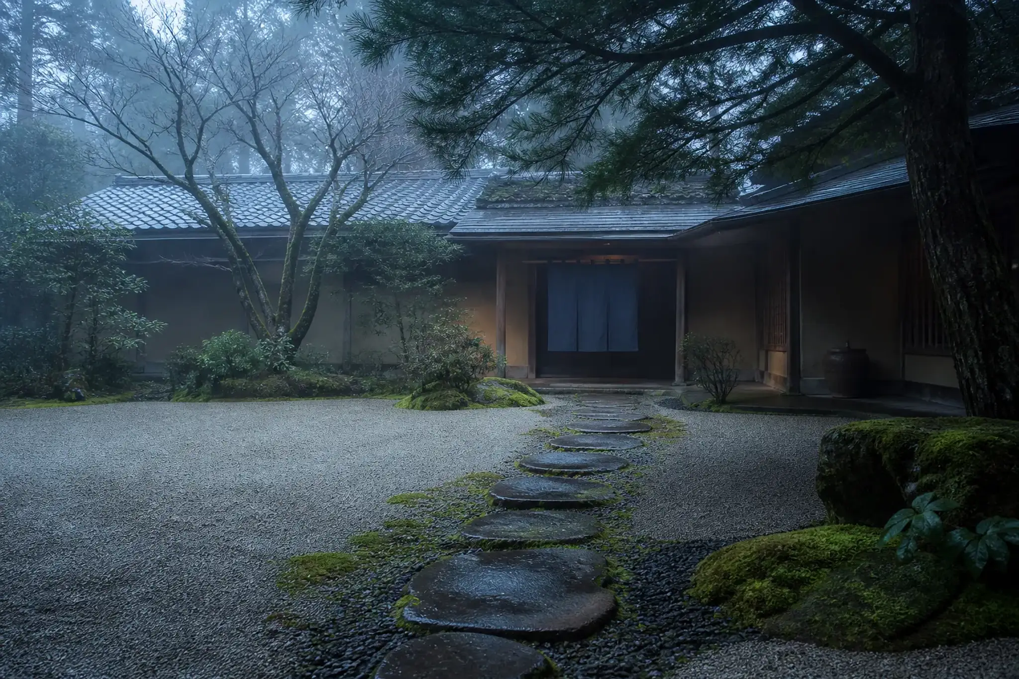 Traditional Japanese ryokan entrance with noren curtain and mossy stone path in morning light