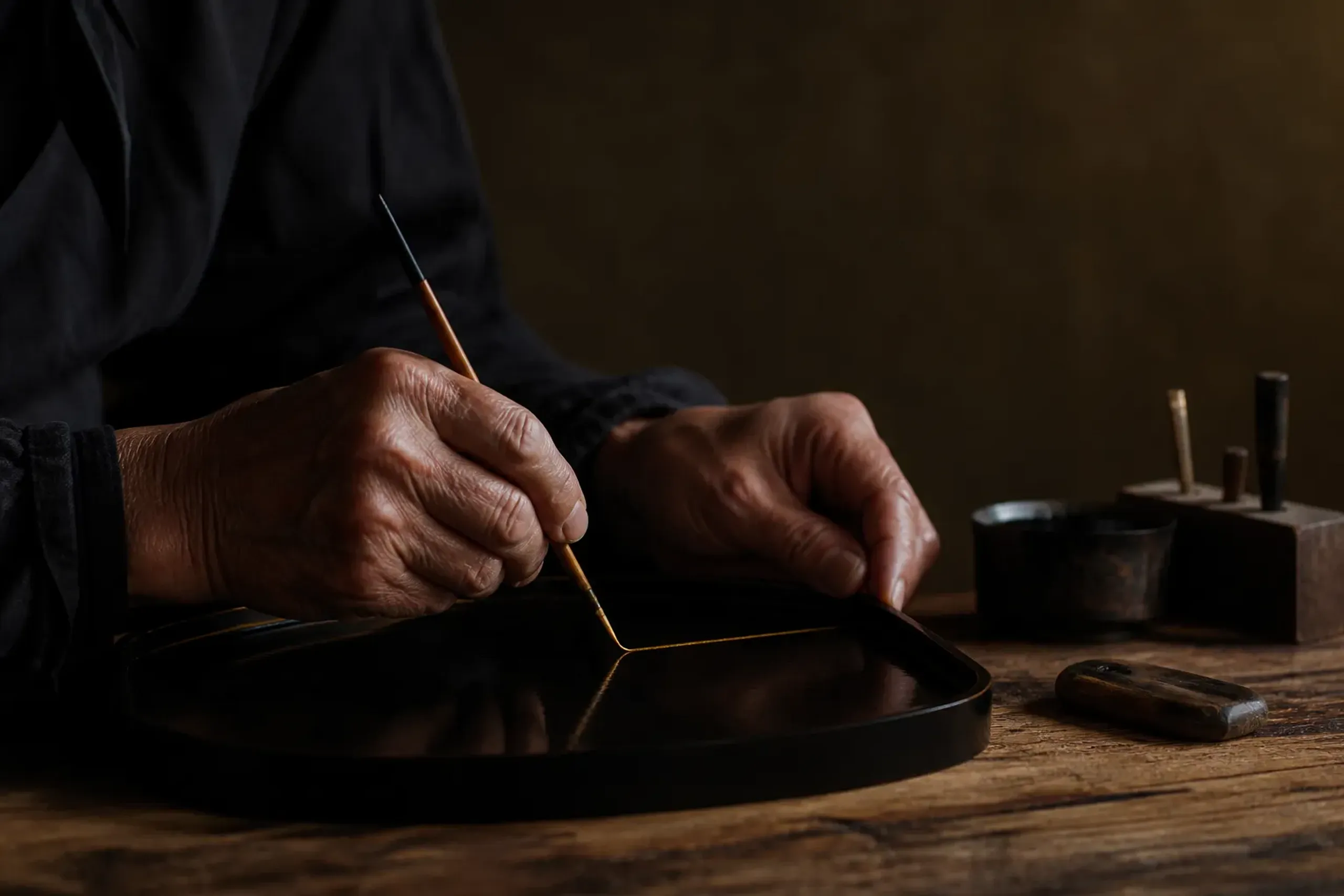 Artisan hands working with traditional tools in a Japanese workshop