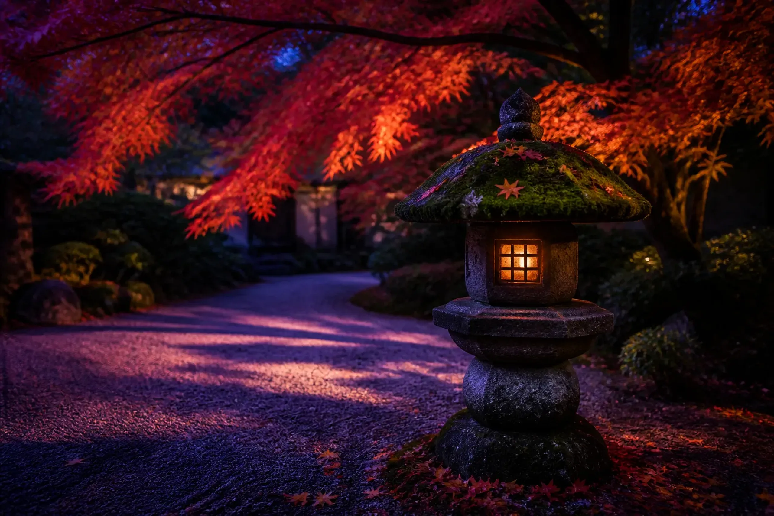 the maple-lined stone lanterns and vermilion foliage of a Kyoto temple garden during autumn koyo, wreathed in crimson and gold leaves at dusk