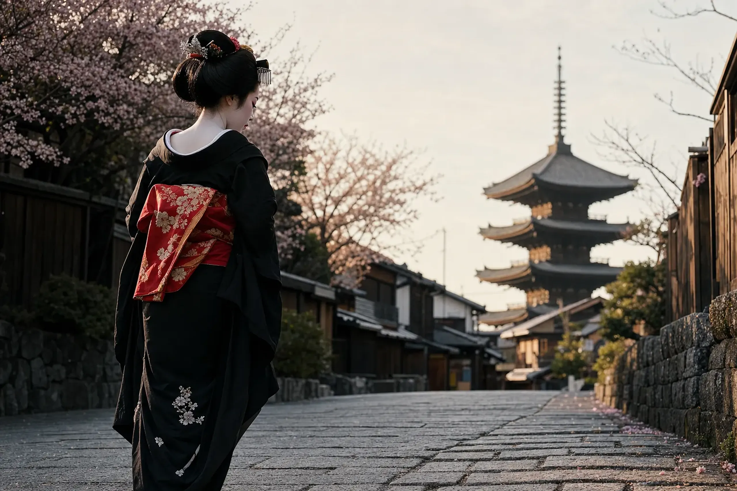 Geisha in a black kimono with a red obi, standing on a cherry-blossom street with a pagoda in the background.