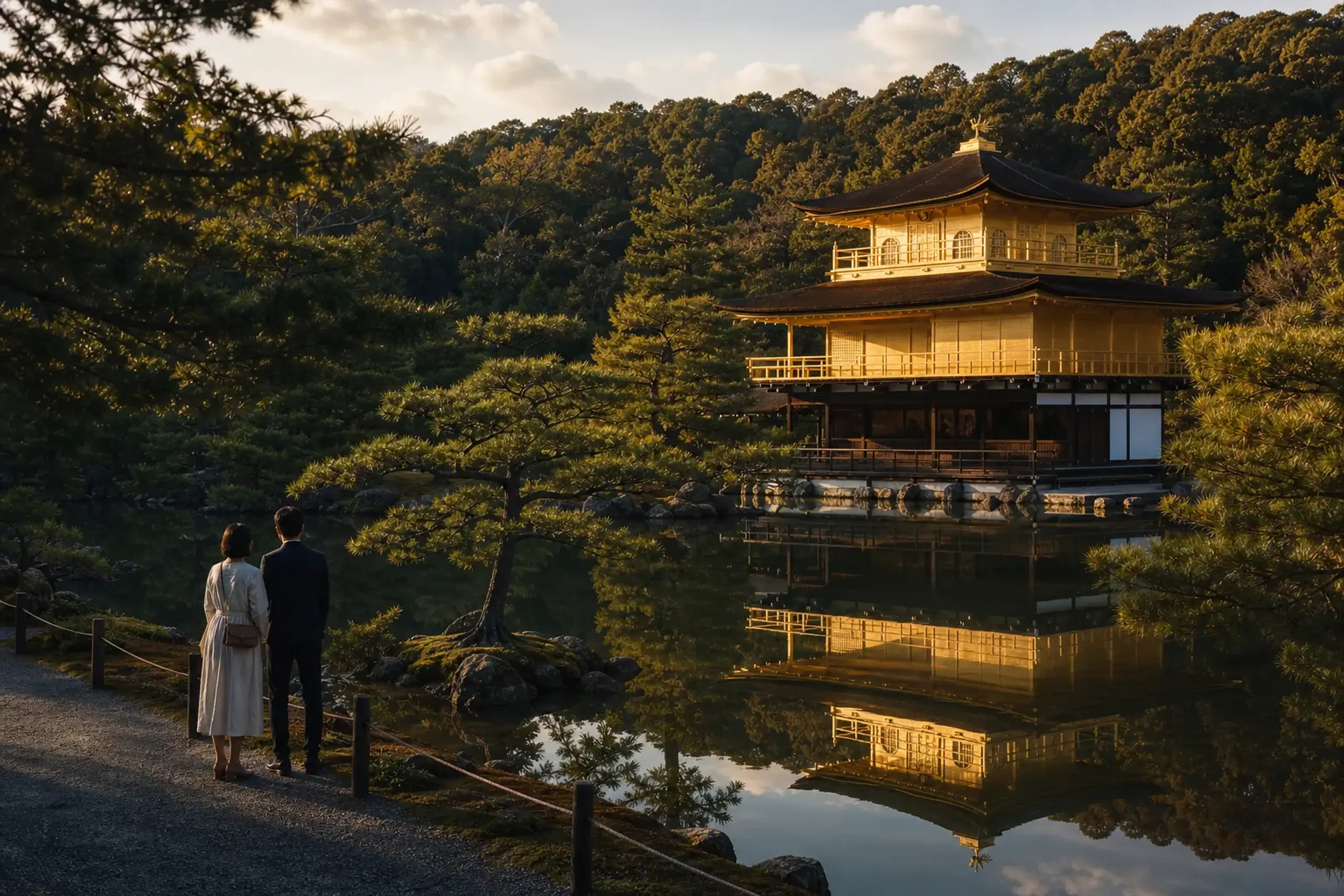 An elegant couple on an exclusive, private guided tour stands on an empty pathway admiring the magnificent Golden Pavilion temple across a scenic pond in Kyoto.