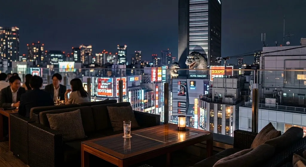 An elegant outdoor rooftop lounge at night overlooking the glowing neon streets of Kabukicho, with the iconic Godzilla head illuminated against the dark Tokyo skyline in the background.