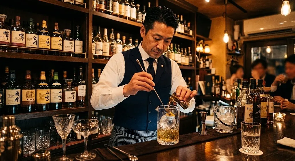 A sharply dressed Japanese bartender in a dimly lit, intimate Golden Gai bar meticulously preparing a bespoke craft cocktail in crystal glassware under warm amber lighting.