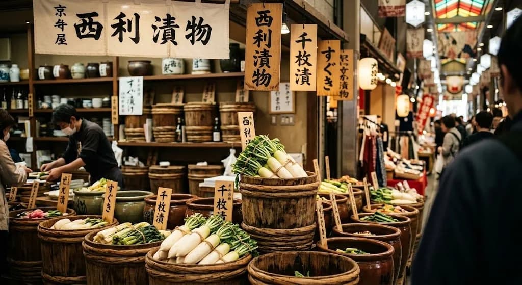 A collection of traditional wooden barrels filled with vibrant, meticulously arranged colorful Kyoto pickles and radishes under warm market lighting, featuring authentic Japanese hand-written calligraphy signs.