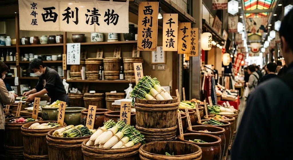 A collection of traditional wooden barrels filled with vibrant, meticulously arranged colorful Kyoto pickles and radishes under warm market lighting, featuring authentic Japanese hand-written calligraphy signs.