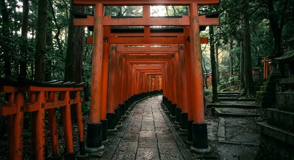 An empty pathway leading through a continuous tunnel of vibrant vermillion torii gates at Fushimi Inari Taisha, with soft morning light filtering through the surrounding forest trees.