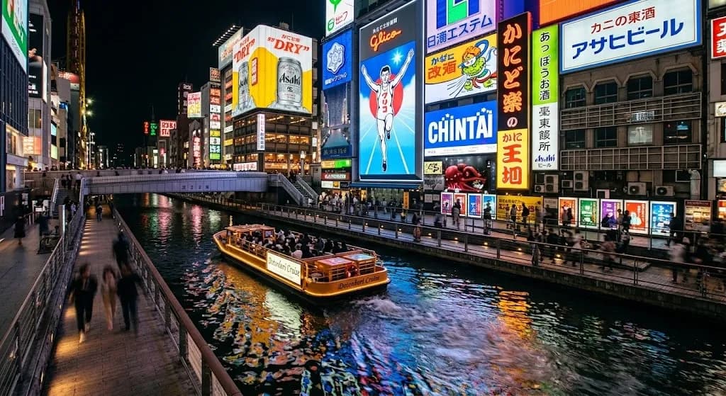 A vibrant night photograph of Osaka's Dotonbori Canal, featuring massive animated neon signs and the Glico Running Man reflecting beautifully onto the water as a tour boat passes.