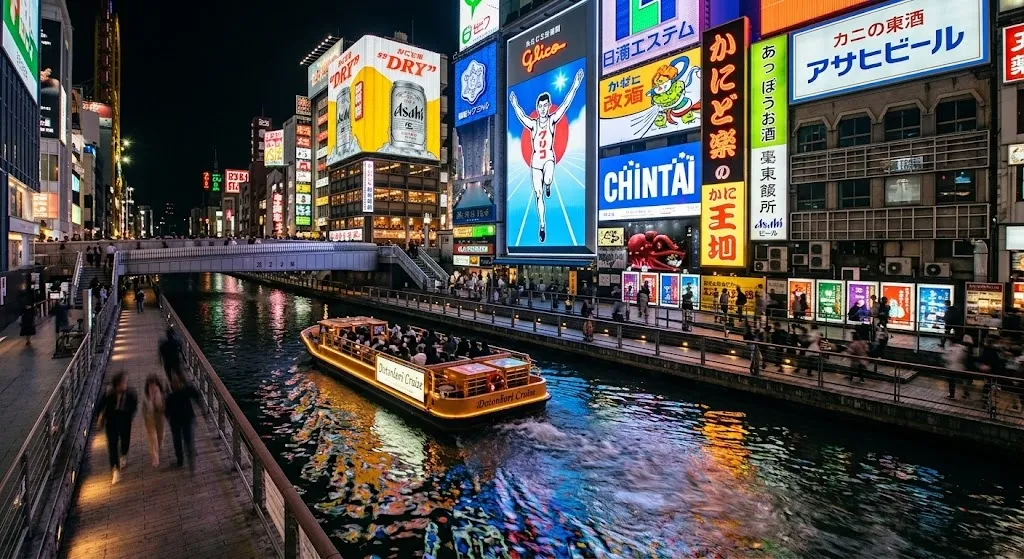A vibrant night photograph of Osaka's Dotonbori Canal, featuring massive animated neon signs and the Glico Running Man reflecting beautifully onto the water as a tour boat passes.