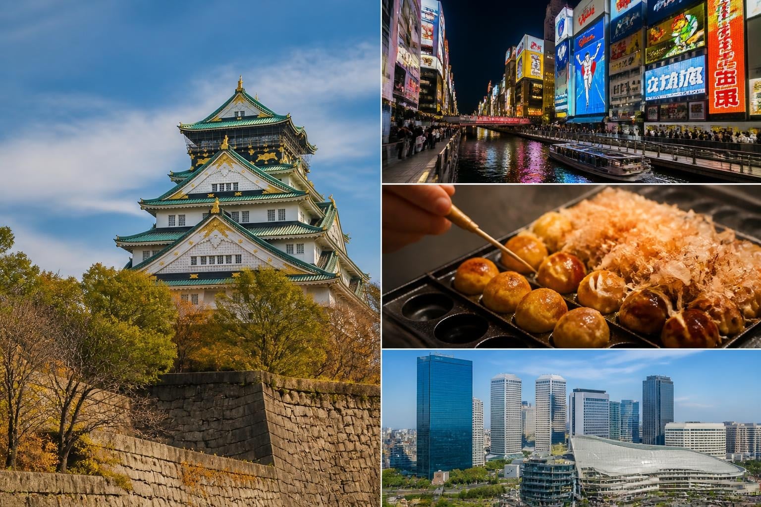 Collage of Japan highlights: Osaka Castle, neon Dotonbori at night, grilled takoyaki, and a modern city skyline (Osaka/Tokyo).