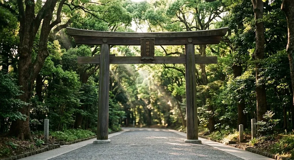 Dramatic sunbeams slice through a dense canopy of ancient green forest trees illuminating a grand wooden torii gate and empty gravel path at Meiji Shrine.