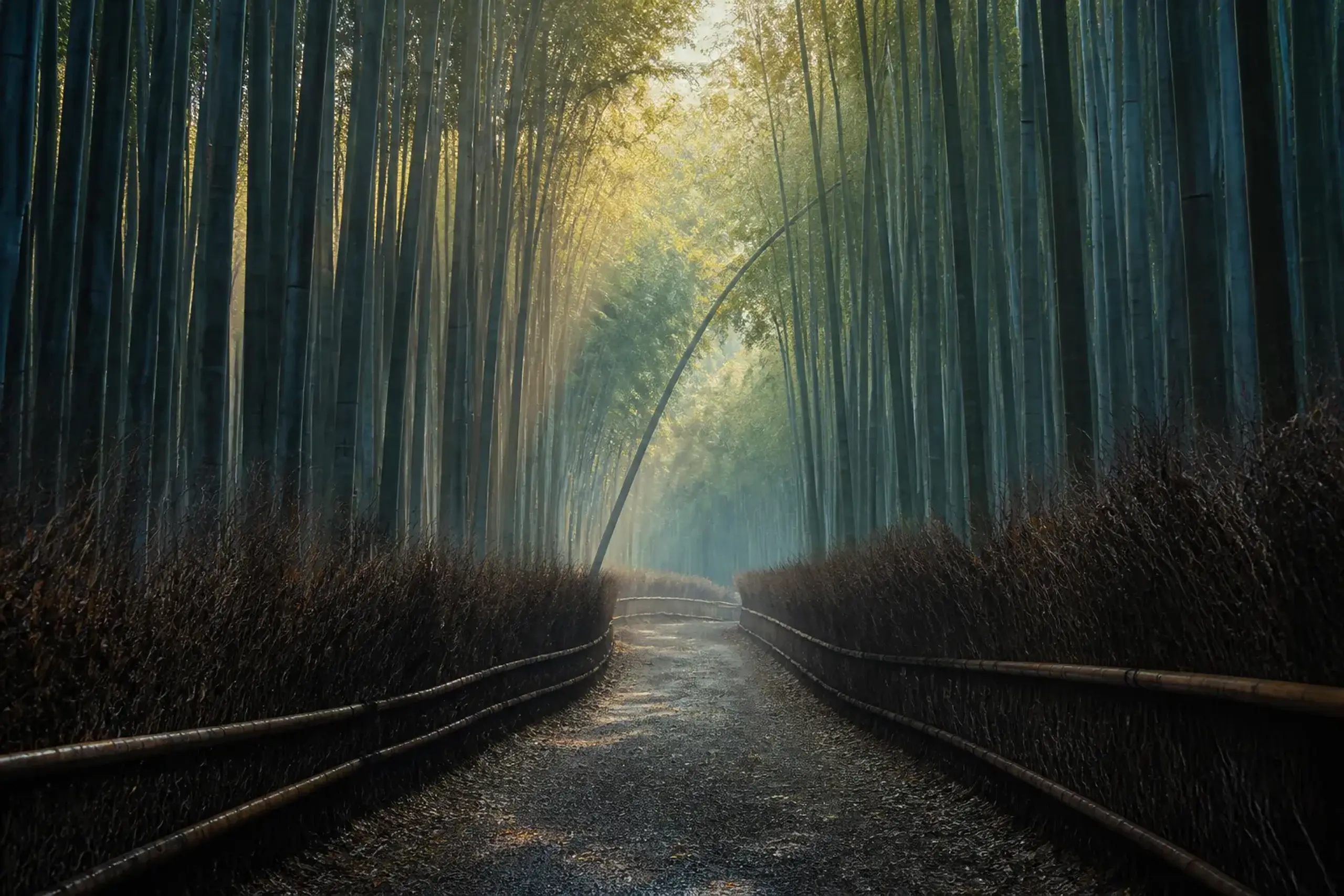 Empty Arashiyama bamboo grove path in Kyoto at first light with tall green bamboo