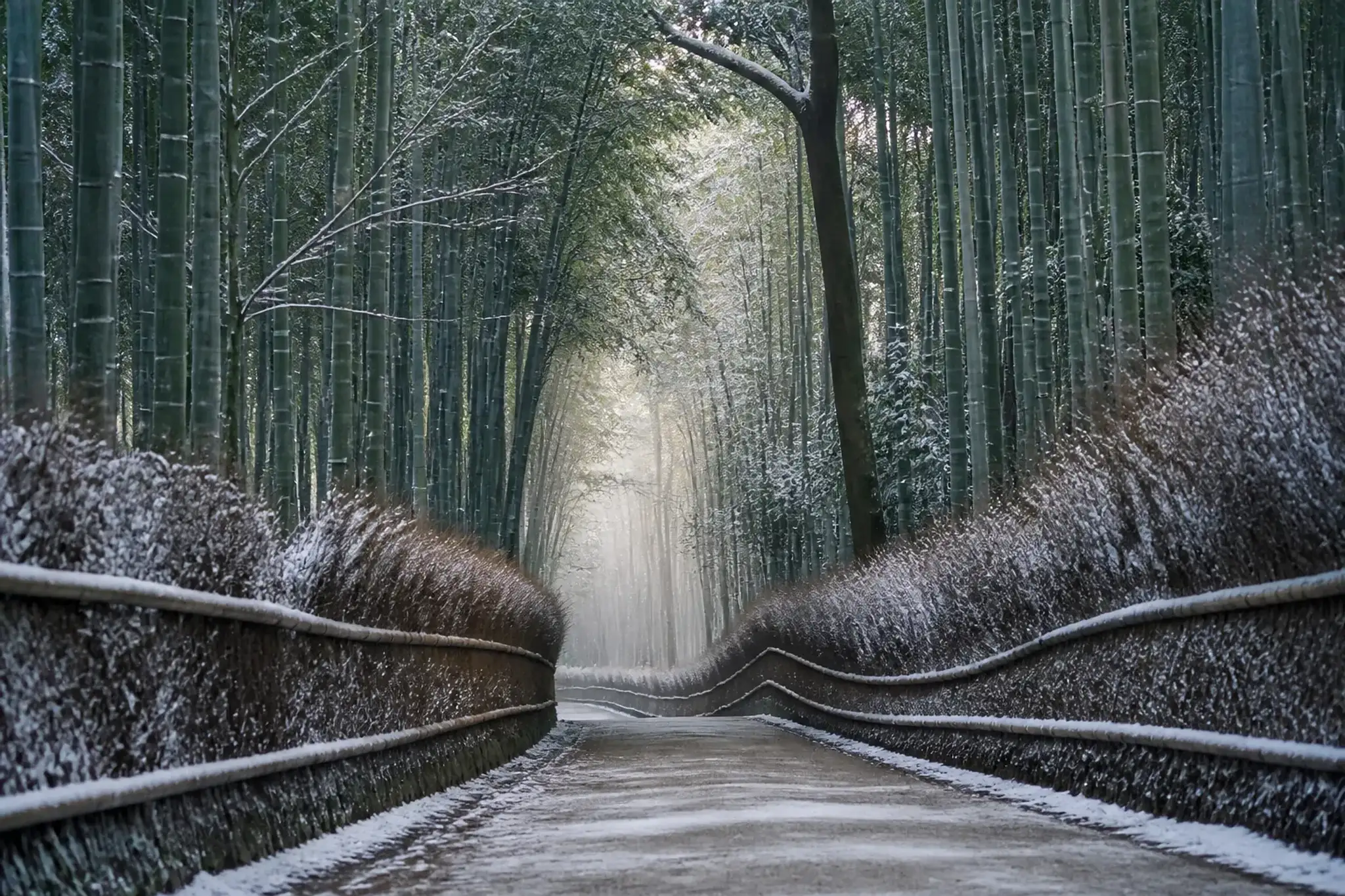 Empty Arashiyama bamboo grove path in Kyoto at first light with tall green bamboo