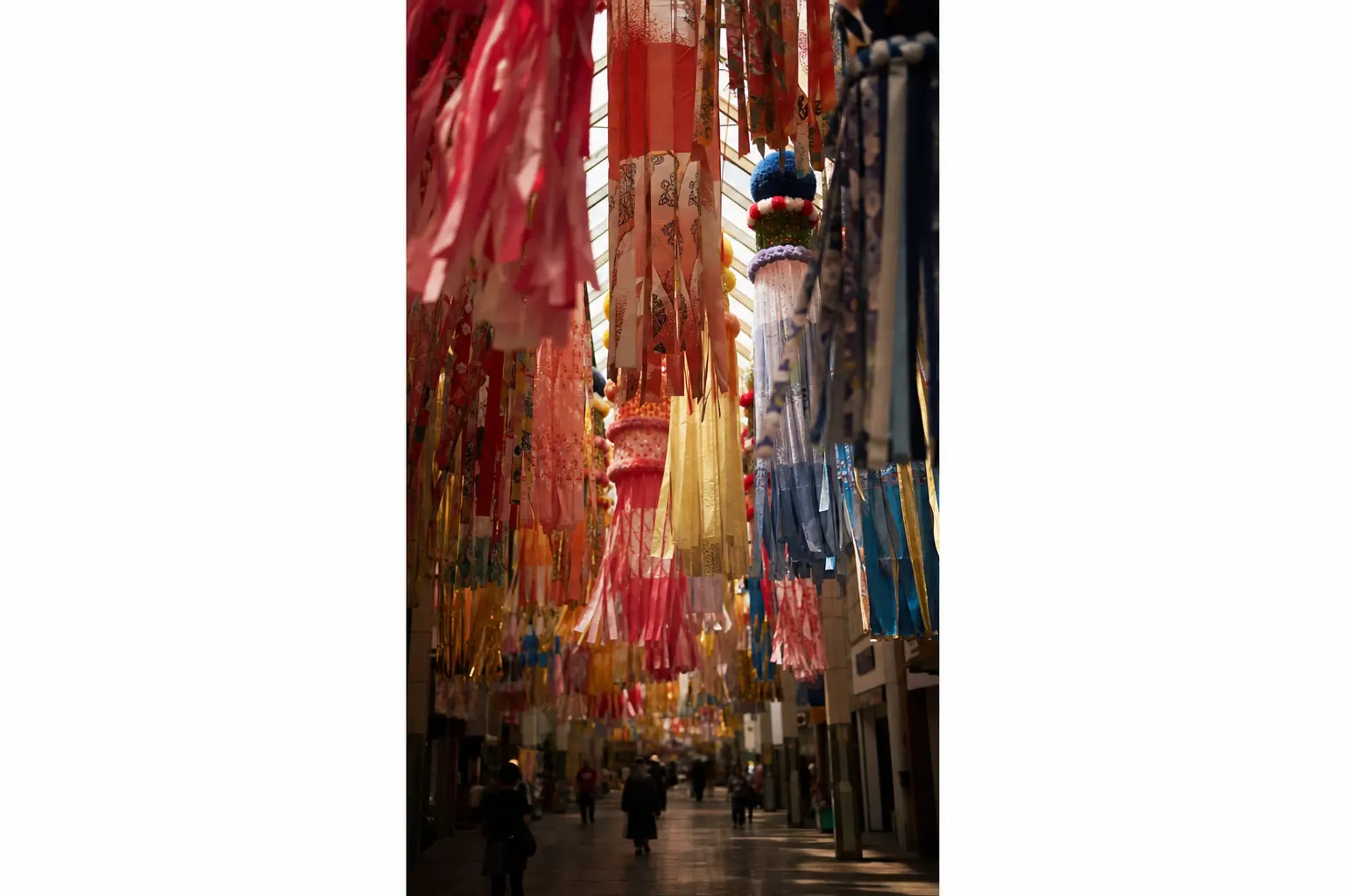 Hundreds of elaborate paper streamers with long fringes hanging through a central Sendai shopping arcade