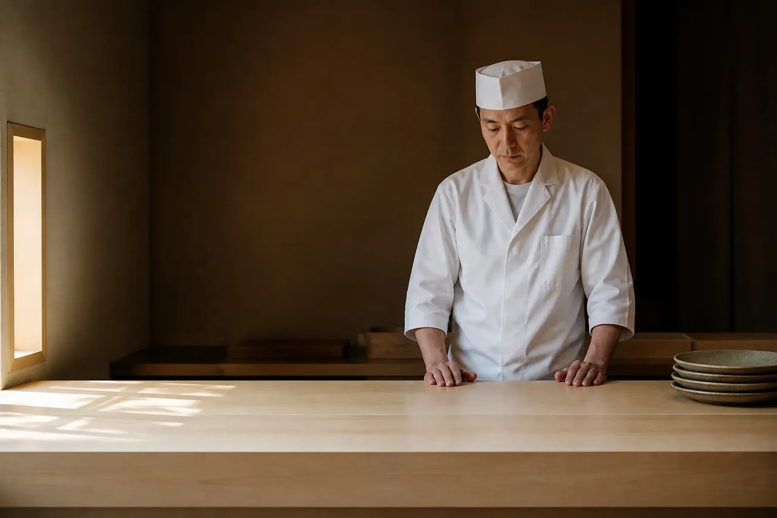 Empty cypress kaiseki counter with a chef preparing before the first course
