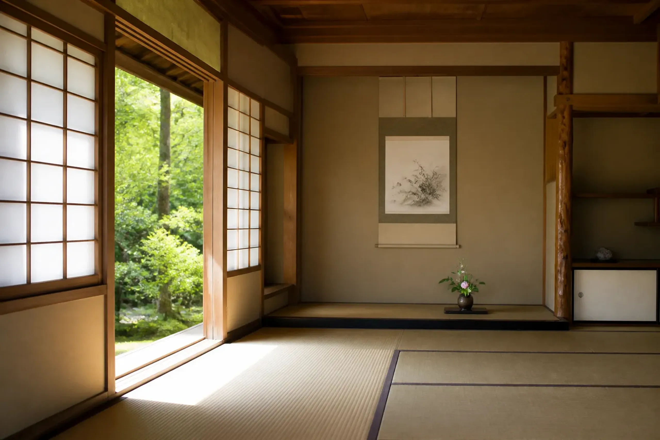 Sukiya-zukuri tatami room with a tokonoma alcove, hanging scroll, and shoji screens