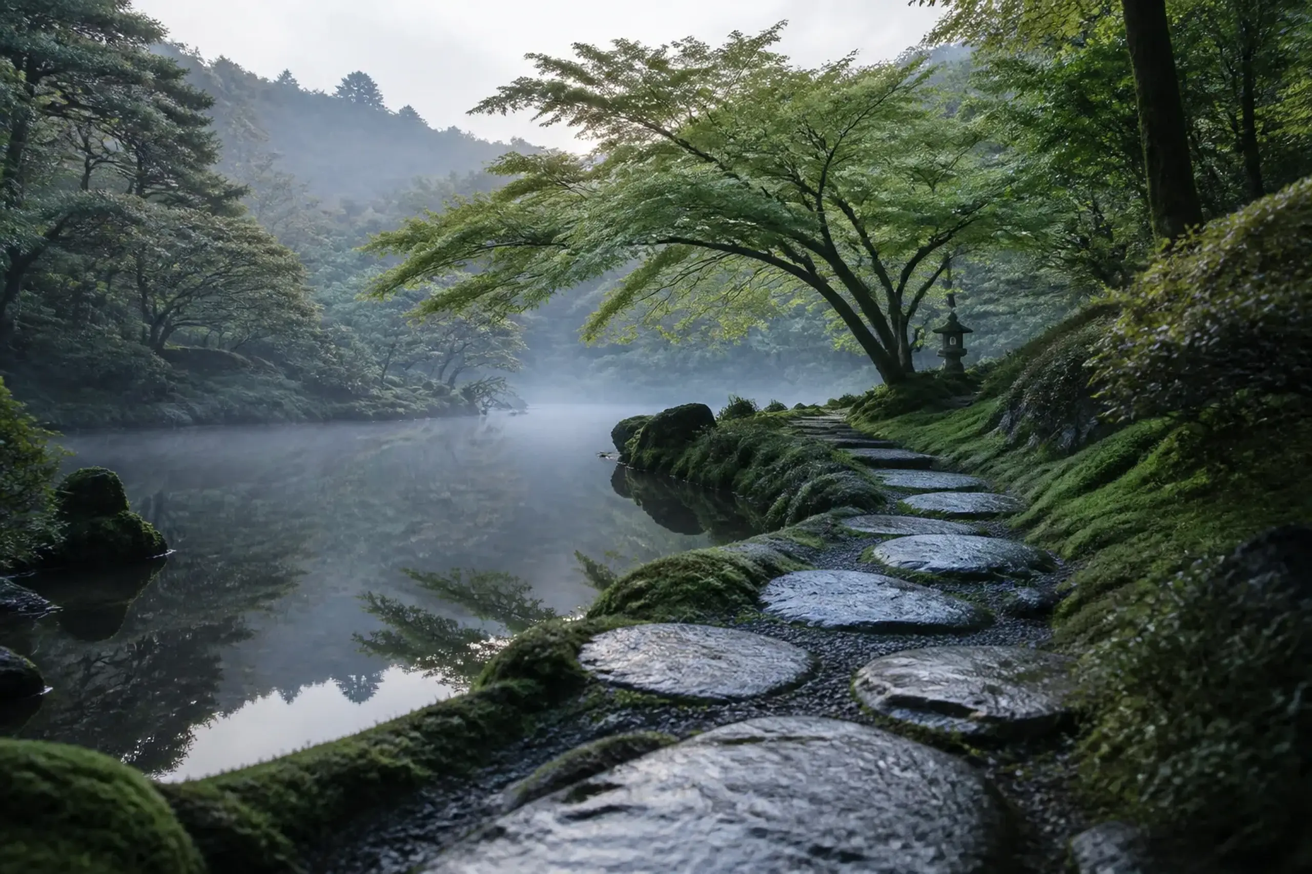 Moss-covered Japanese garden with a stone path in low morning light and no visitors