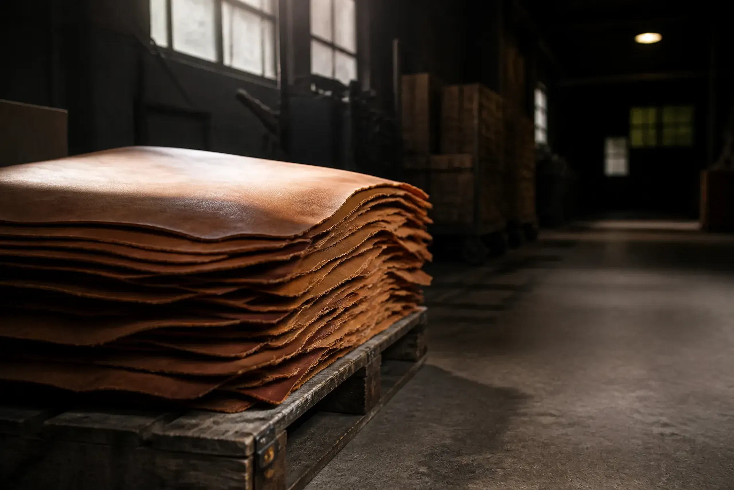 Stacked vegetable-tanned leather hides in natural tan tones inside a Japanese tannery