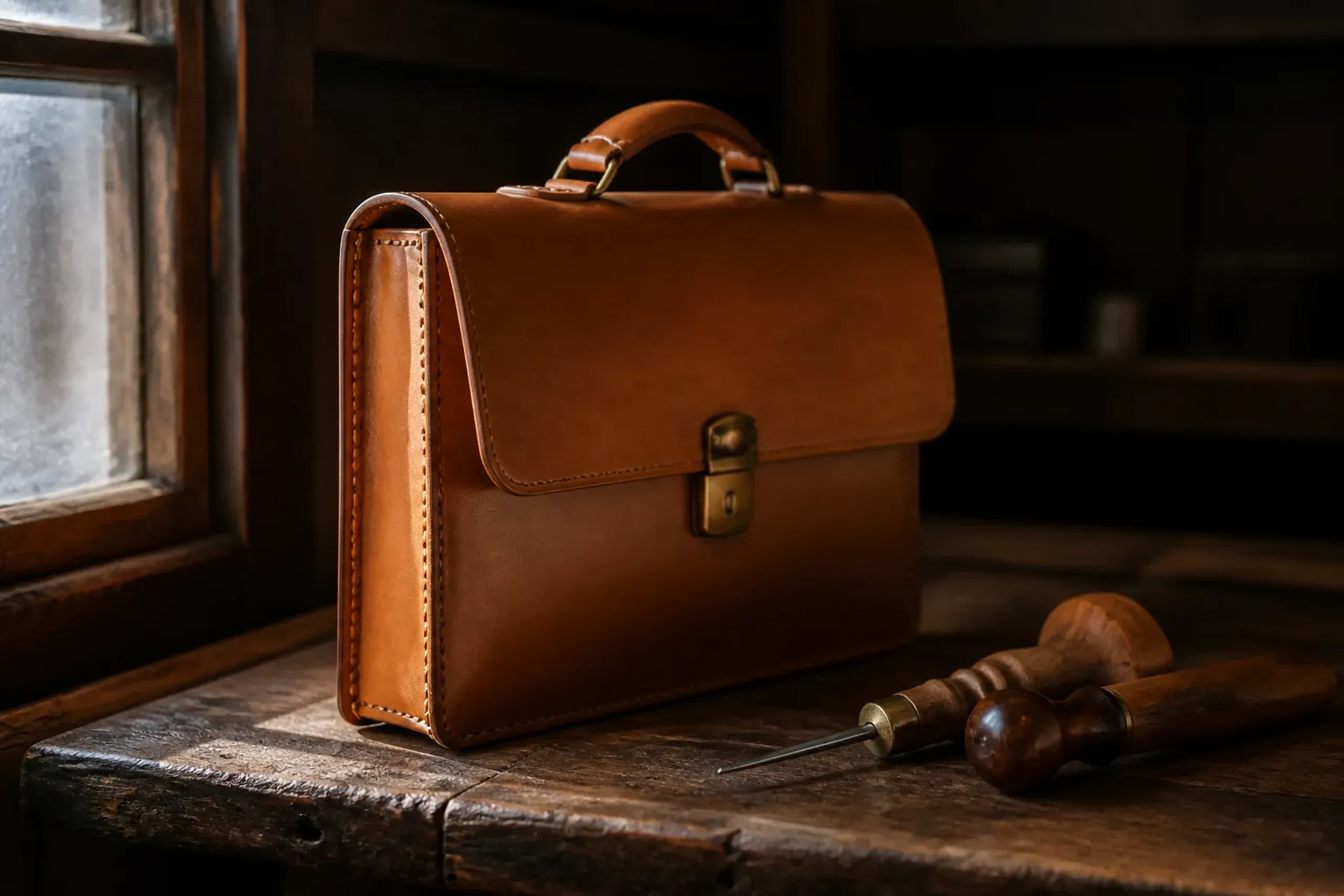 a finished Tochigi vegetable-tanned leather briefcase with a hand-saddle-stitched gusset spine and a burnished, sealed edge, photographed on a maker's workbench beside a warmed edge burnisher and a st