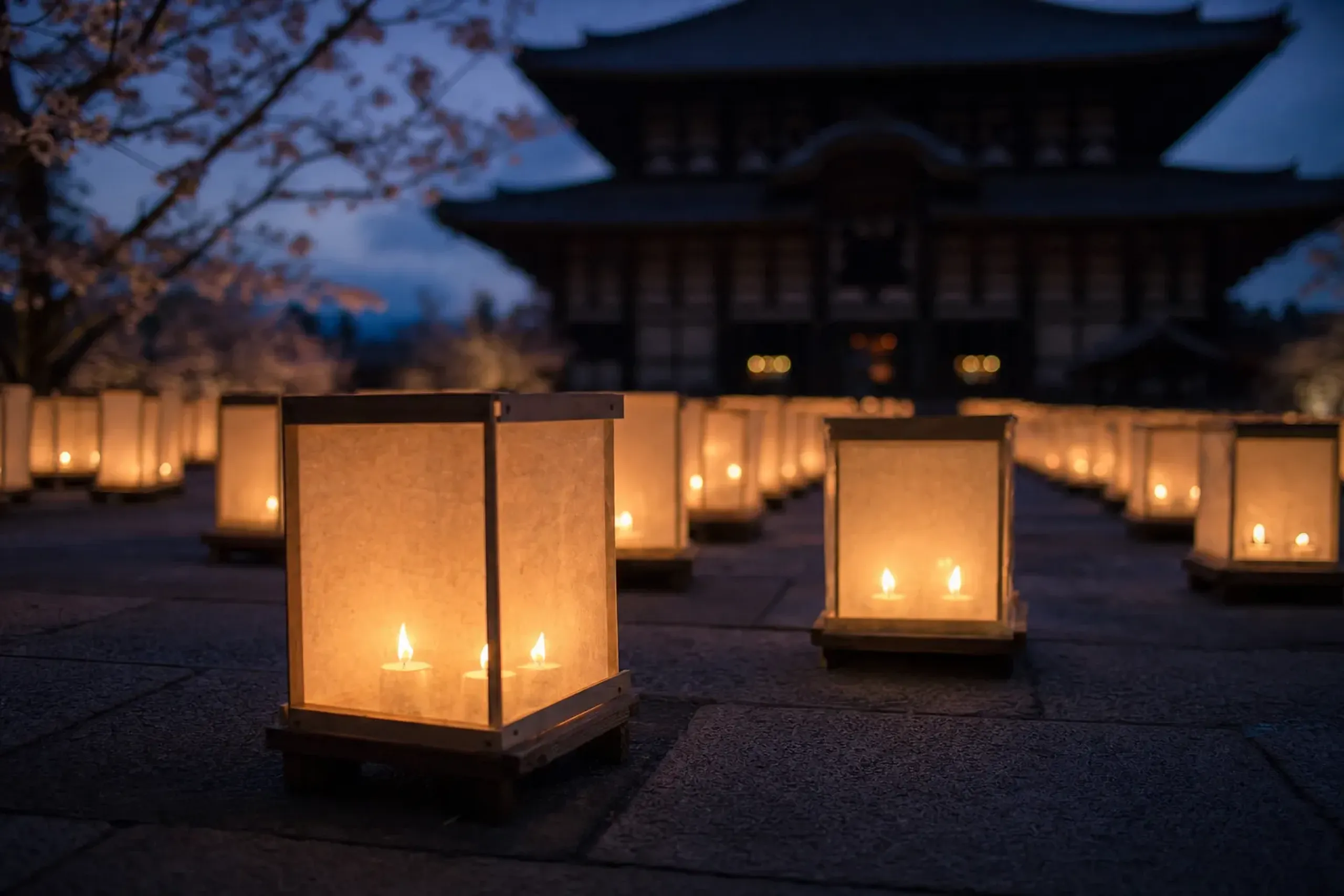 about 2,500 paper lanterns, each housing four flickering flames, arranged across the stone courtyard of the Great Buddha Hall at dusk