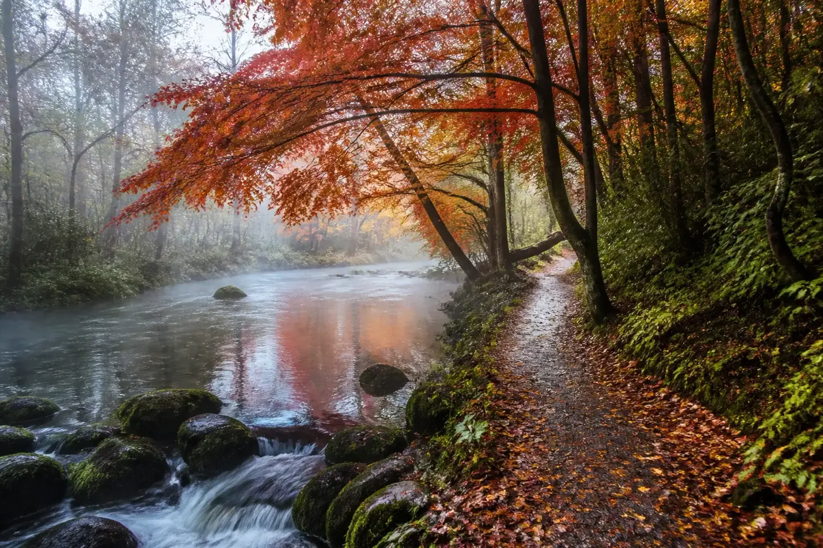 Early morning autumn leaves along Oirase Stream in Aomori with mist and mossy rocks