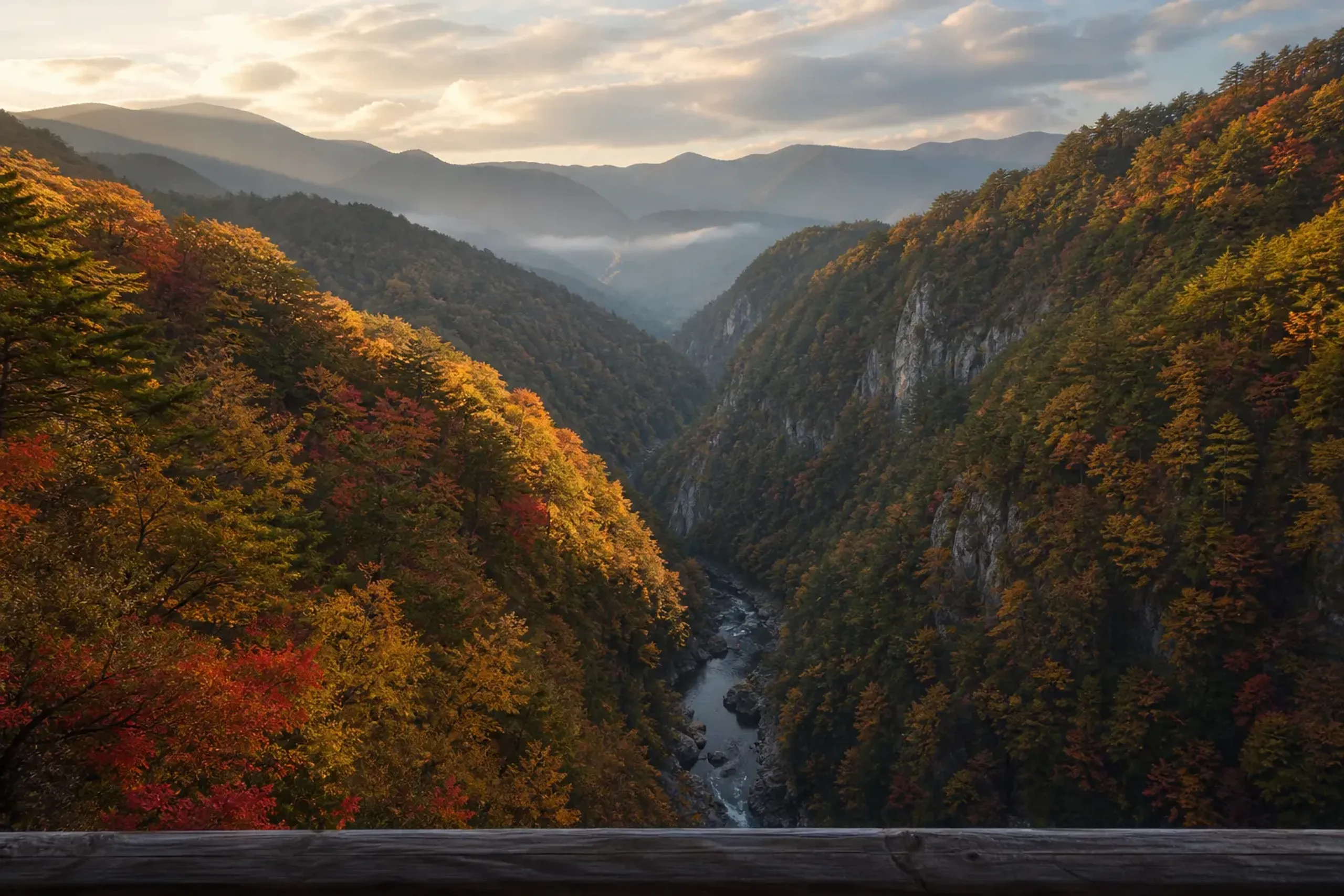 View over Naruko Gorge in Miyagi with steep cliffs and peak autumn foliage