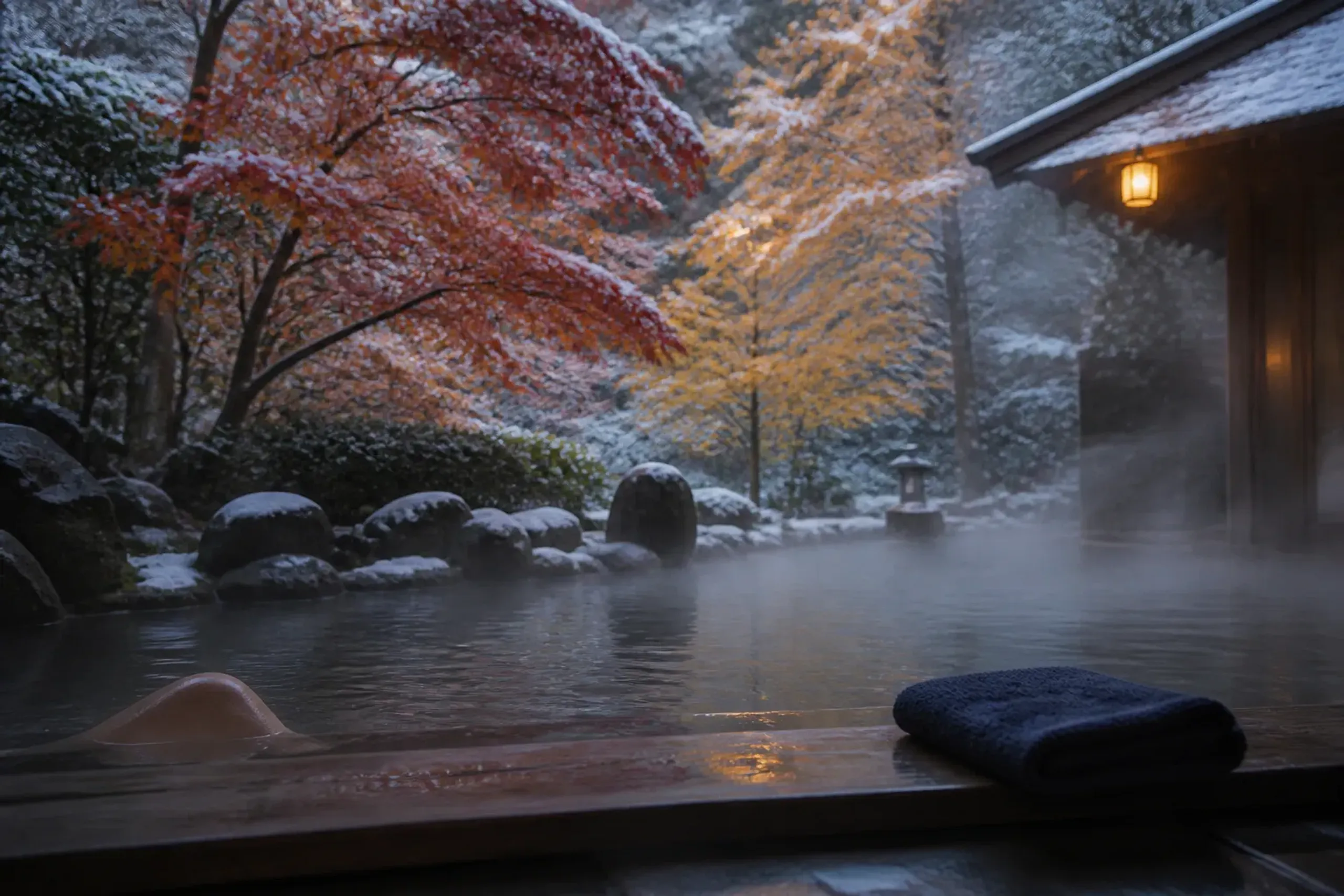 Steam rising from an outdoor onsen bath with autumn foliage in the background