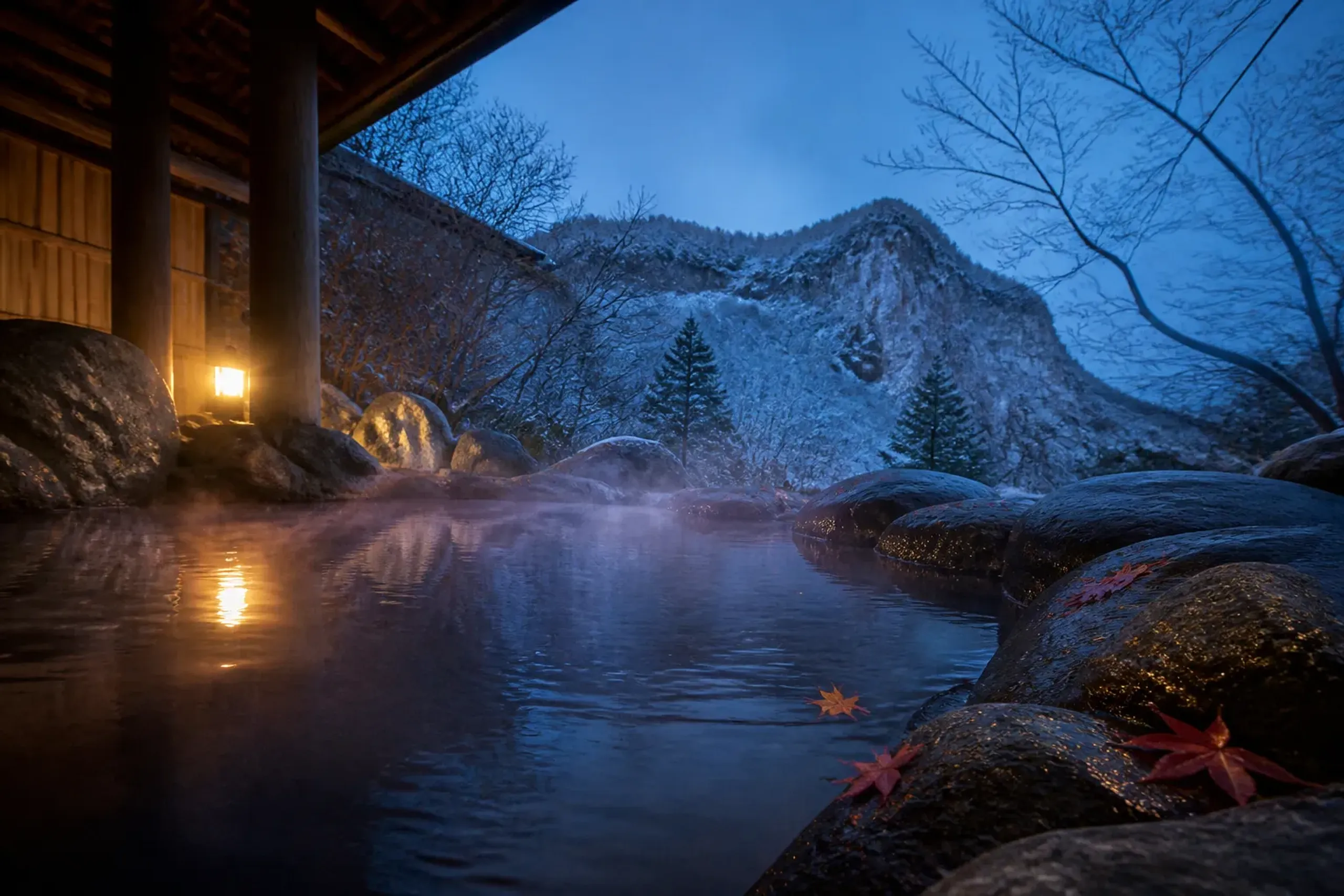 A still, unoccupied rotenburo-style hot spring bath at an onsen ryokan in Tōhoku at dusk: faint steam rising into cold air with scattered red maple leaves on wet rocks, matching the article’s “retreat