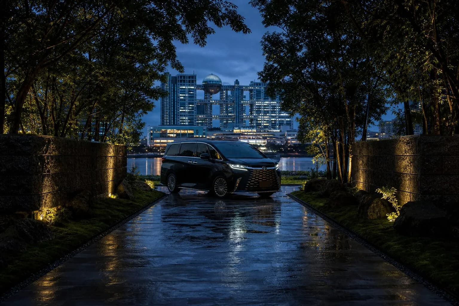 Premium black luxury vehicle parked in the Ariake district of Tokyo Bay at night