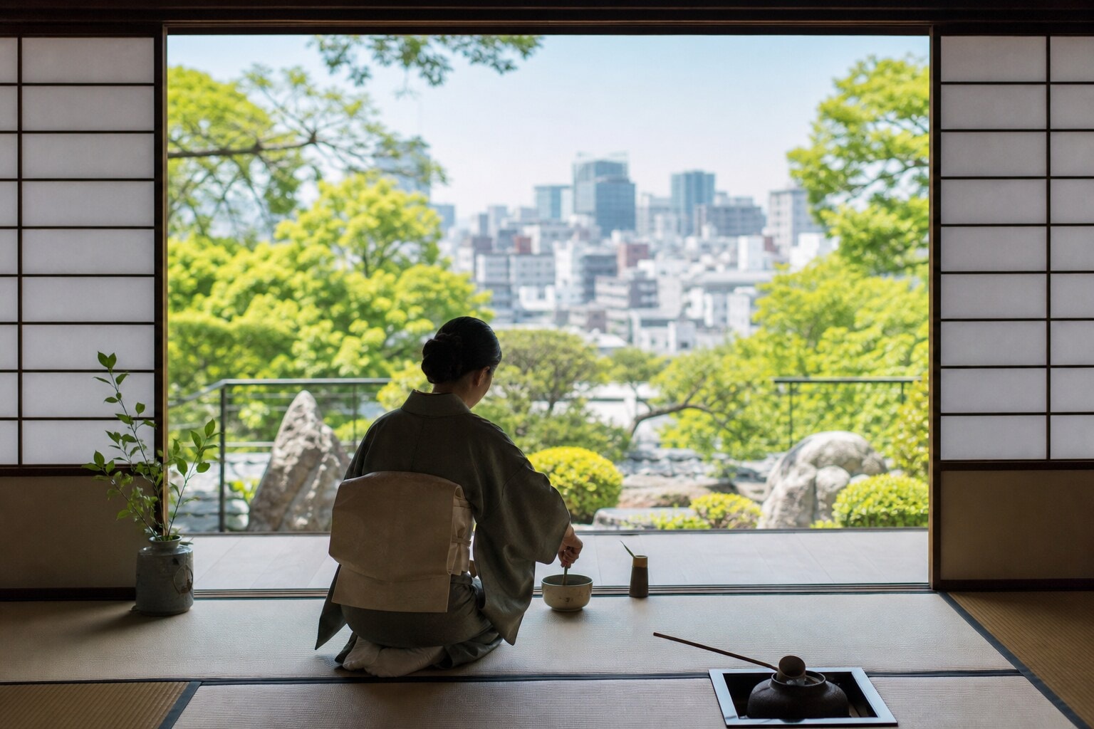 Traditional tea master preparing matcha in a serene tatami room in Tokyo