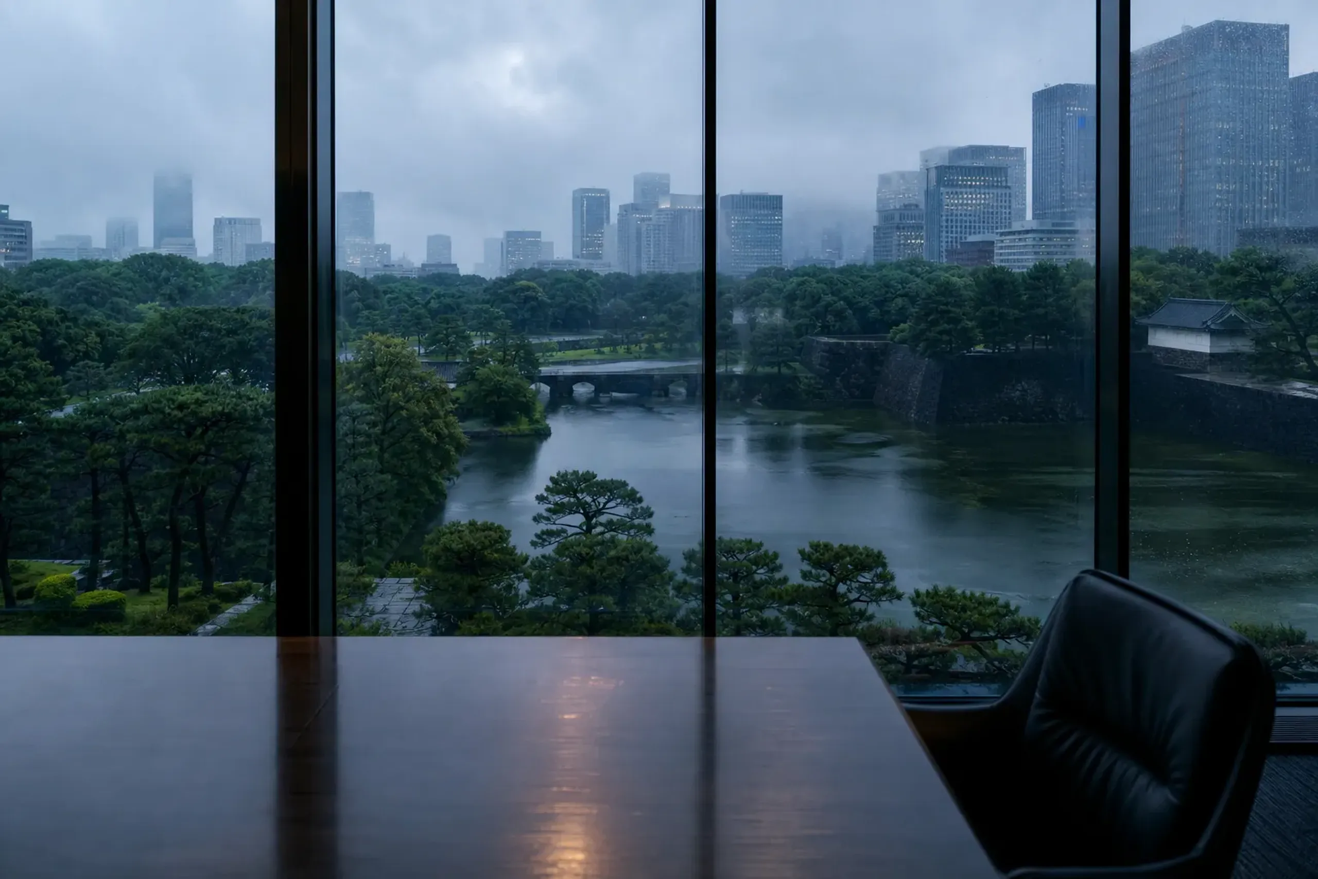 View of the Imperial Palace gardens from a high-rise Tokyo executive boardroom