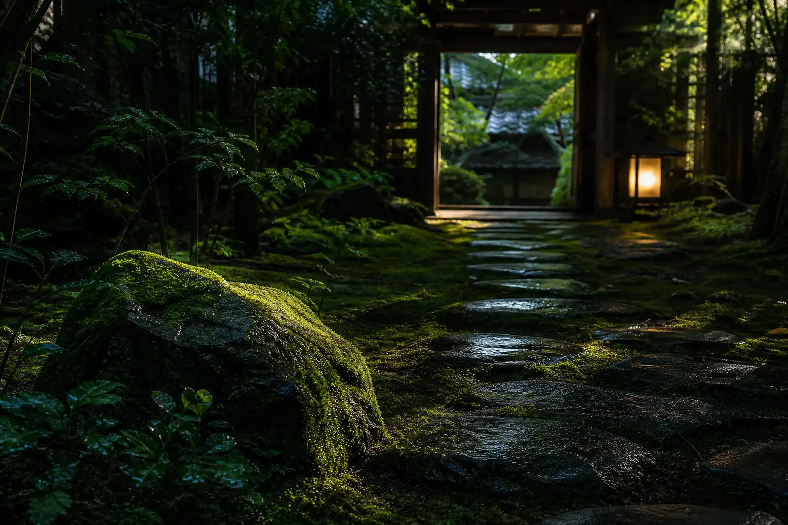 Morning sunlight hitting a quiet moss garden in a hidden Tokyo temple