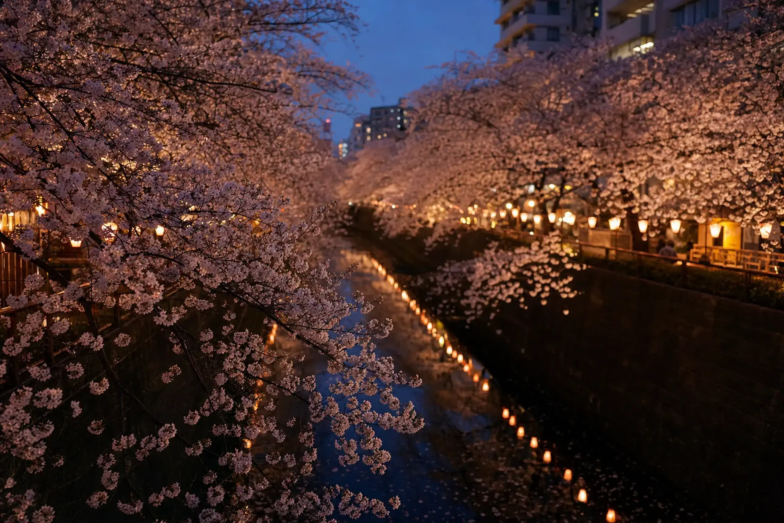 The Meguro River in Nakameguro at dusk, its narrow channel lined on both banks by rows of Somei-Yoshino cherry trees in full bloom, illuminated by evening lanterns, with petals drifting on the black w