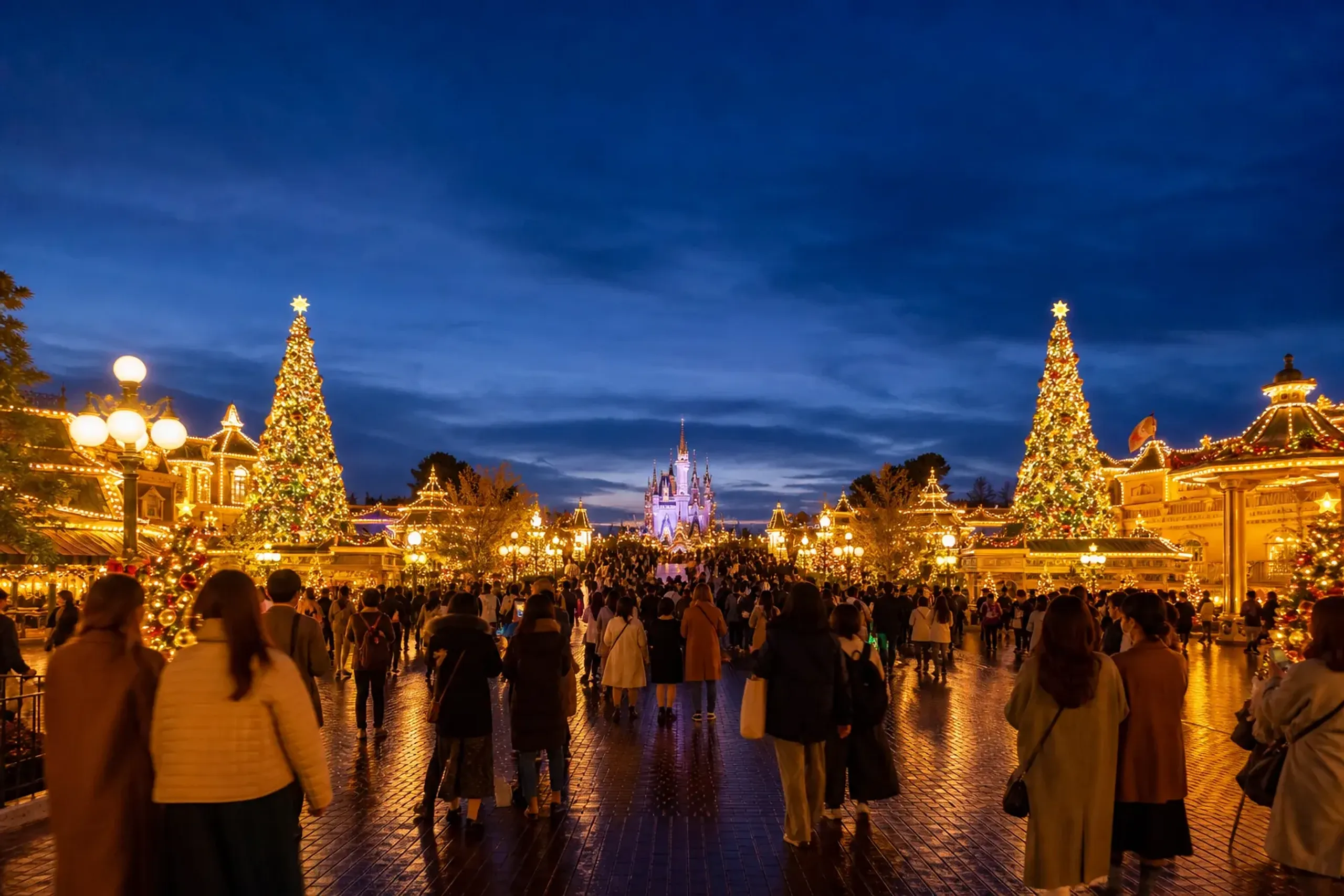 Guests arriving at Tokyo Disney Resort in Urayasu during Disney Christmas season with holiday lights