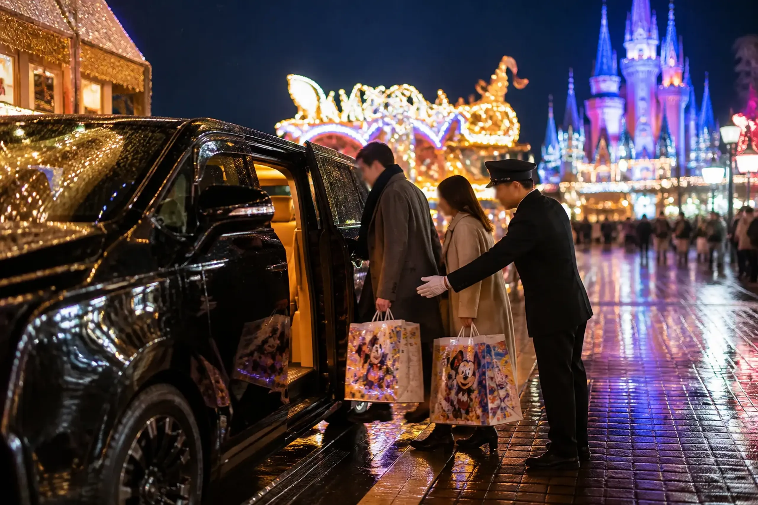 Chauffeured luxury van pick-up in Tokyo for a private transfer to Urayasu and Tokyo Disney Resort